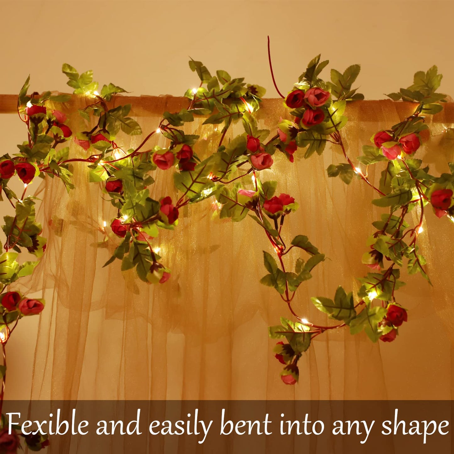 20 LED Rose Flower String Lights - 7.2ft Artificial Flower Garland with Fairy Lights for Valentine's Day, Garden Party, Wedding, Table Decor, Thanksgiving, Christmas