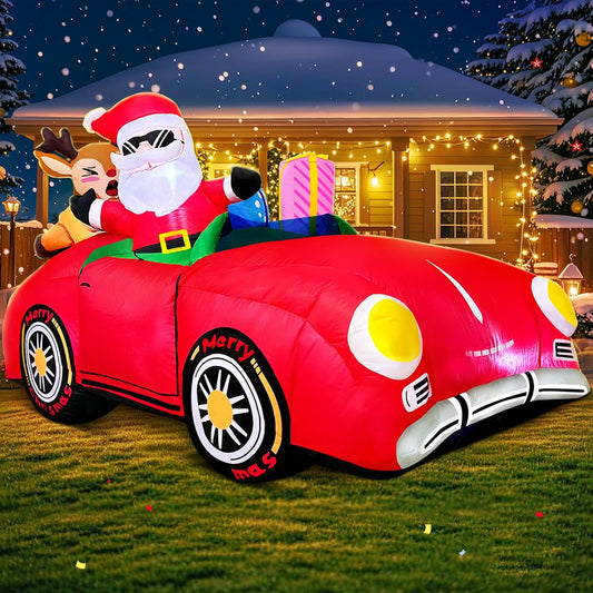 6.5 FT Christmas Inflatables Red Car Santa Claus and Reindeer Drive Truck Blow Up Giant Yard Decoration Bright LED Lights for Garden Yard Lawn Outdoor Indoor Holiday Xmas Gifts