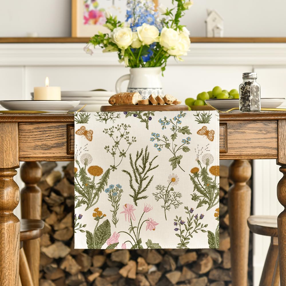 Wildflowers Floral Spring Table Runner, Seasonal Summer Butterfly Kitchen Dining Table Decoration for Home Party 13x72 Inch