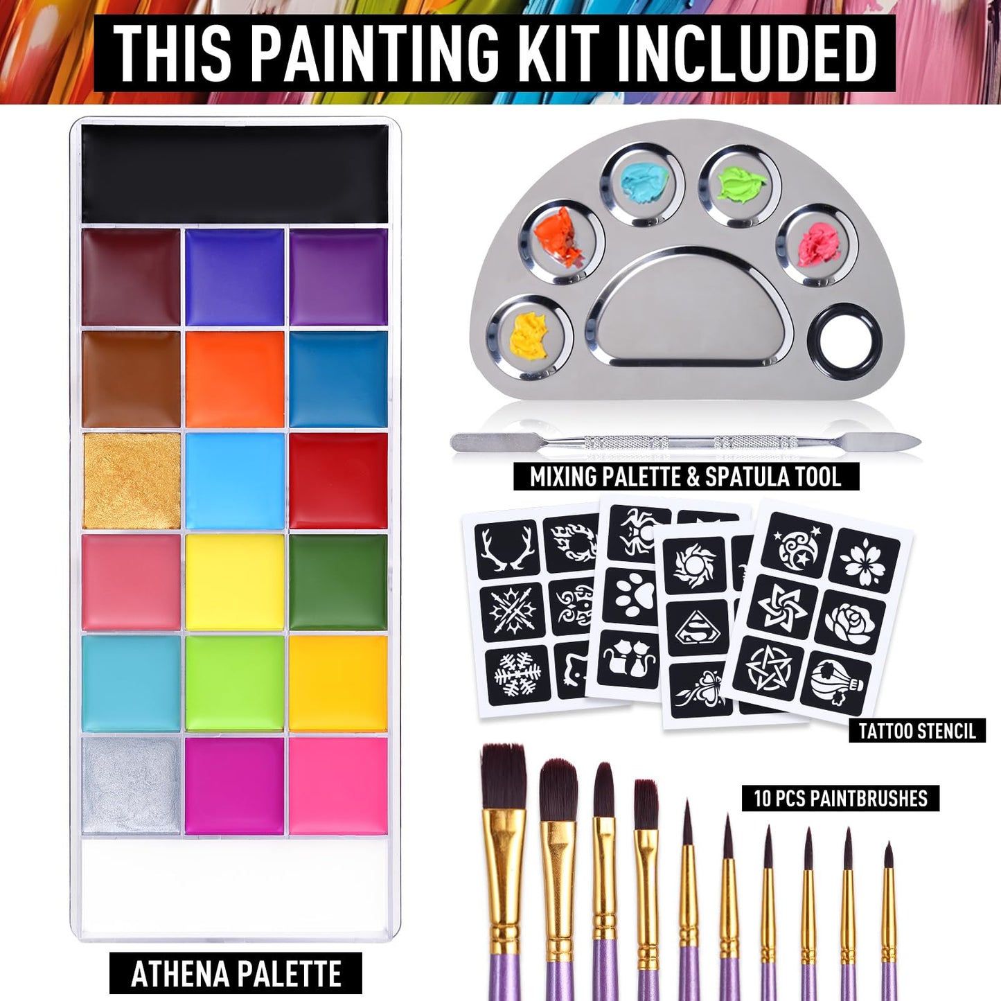 Face Body Paint Oil Makeup Set, 20 Colors FX Halloween Party Painting with Stainless Steel Mixing Palette and Spatula Tool,10 pcs Artist Paintbrushes,Tattoo Stencil Arts Crafts kit