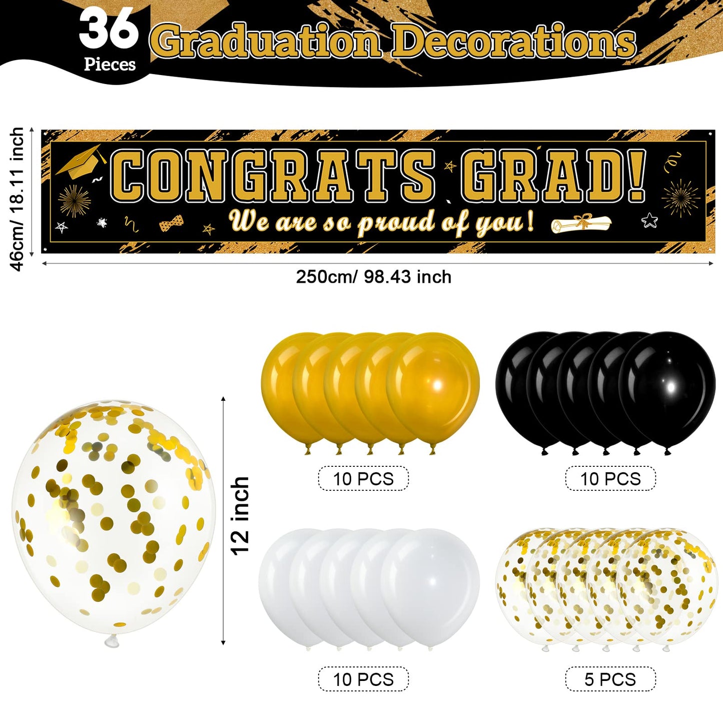 36 Pieces Class of 2025 Graduation Party Decorations Banner, Large Congrats Grad Banner with 35 Pieces Balloons 2025 Yard Signs for High School College Graduation Party Supplies(Black Gold)