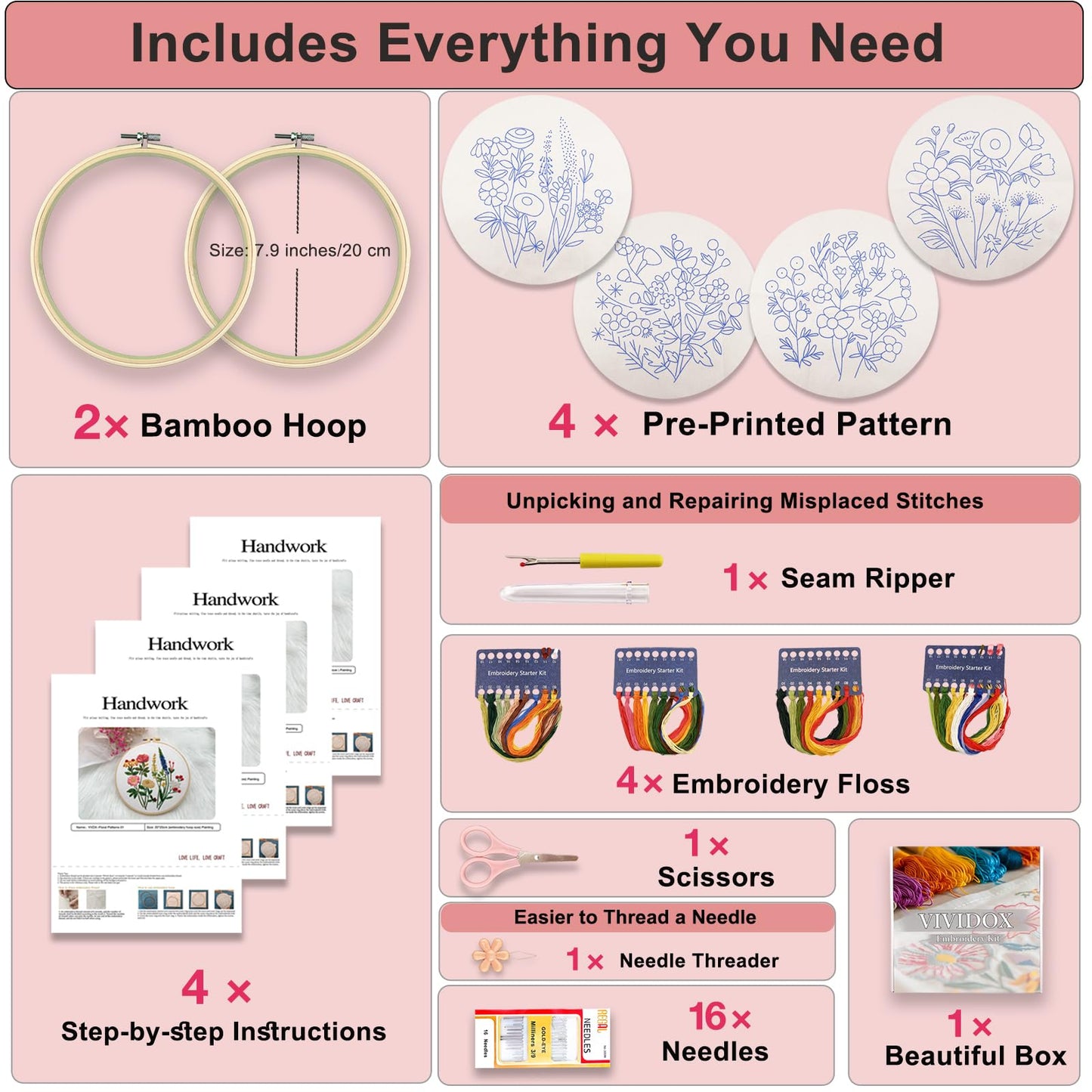 4 Sets Embroidery Kit for Beginners with Stitch Video, Flower Cross Stitch Kits for Adults, Starter, Hand Craft Lover Practice with Floral Stamped Pattern, 2 Hoops, 16 Needles, Scissors, Tools