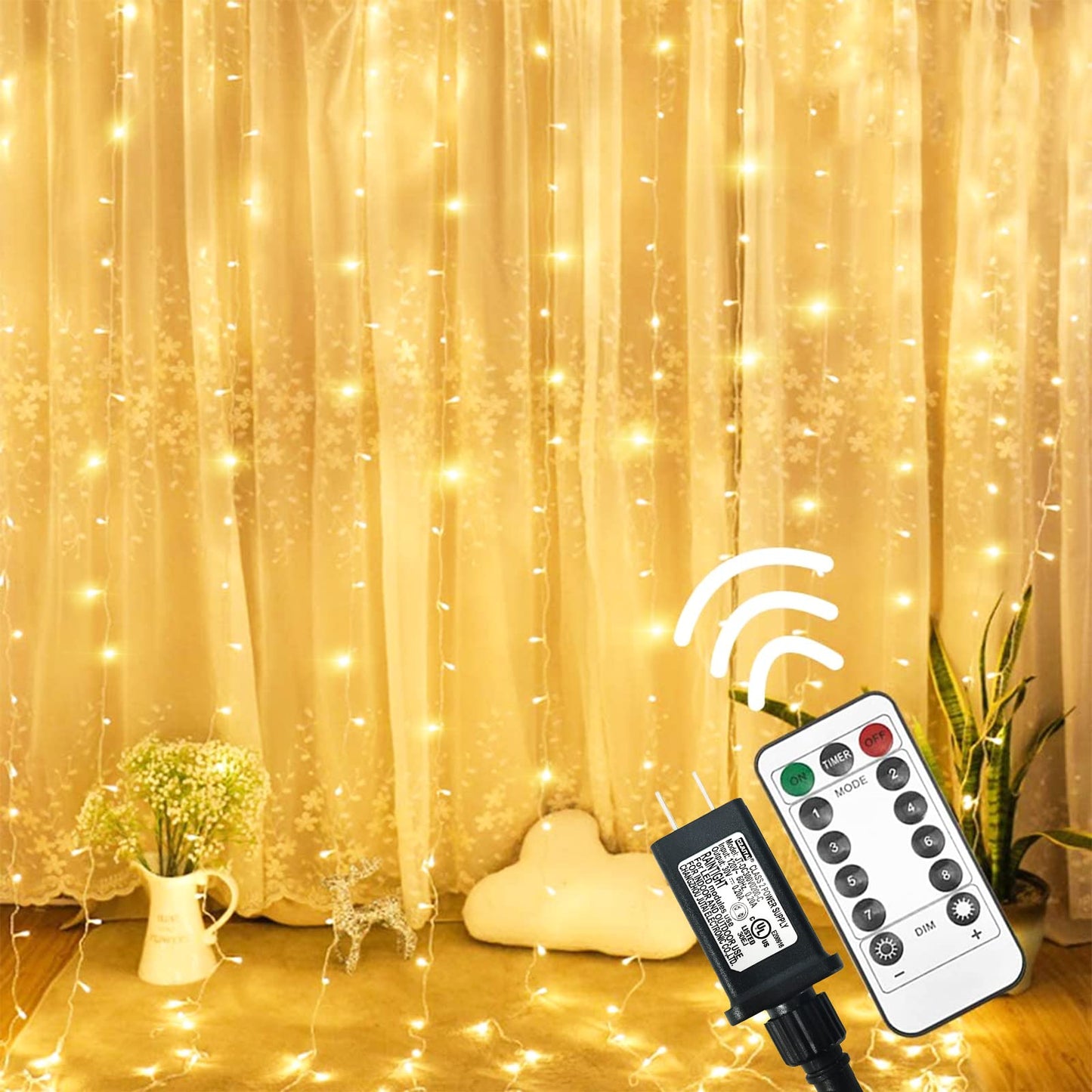 6.6x9.8ft 300 LED Curtain Lights, Fairy String Lights with Remote Control, Timer, for Wedding Party Bedroom Home Garden Bedroom Indoor Outdoor Decoration, Warm White