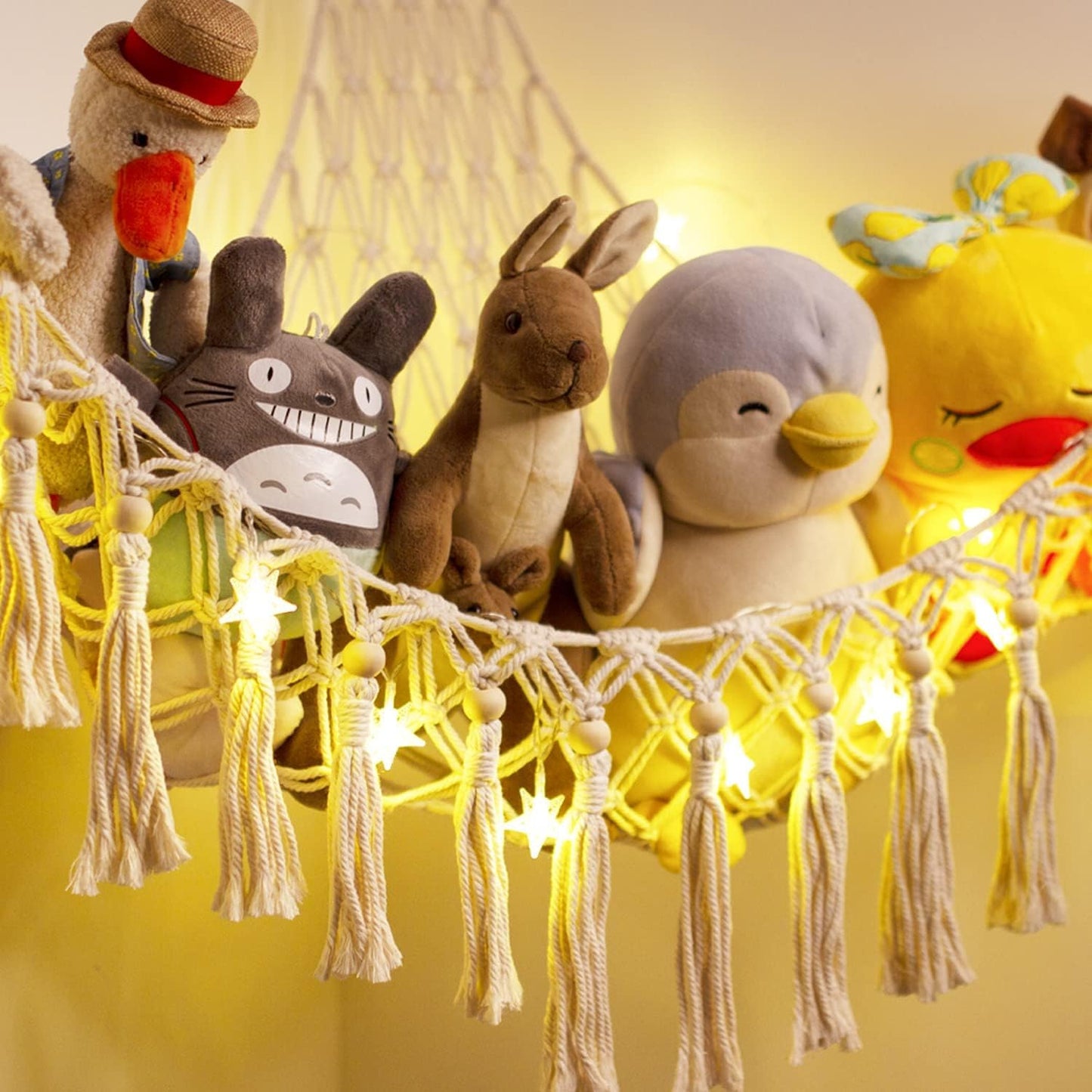 Stuffed Animal Toy Storage Hammock with LED Light - Macrame Jumbo Doll Corner Stuff Animals Organizer Decorations - Cute Hanging Plushie Net Kids Baby Nursery Bedroom Room Decor