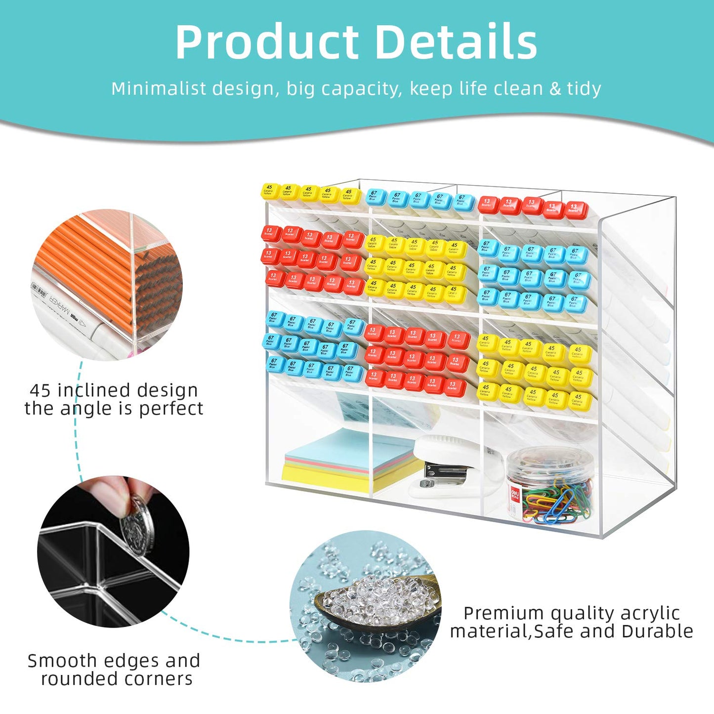 Clear Pen Organizer Storage, Acrylic Desk Organizer with 12 Compartments, Pen Organizer for Desk, Desktop Art Organizer for Office School Art Supplies (Acrylic Pen Holder)