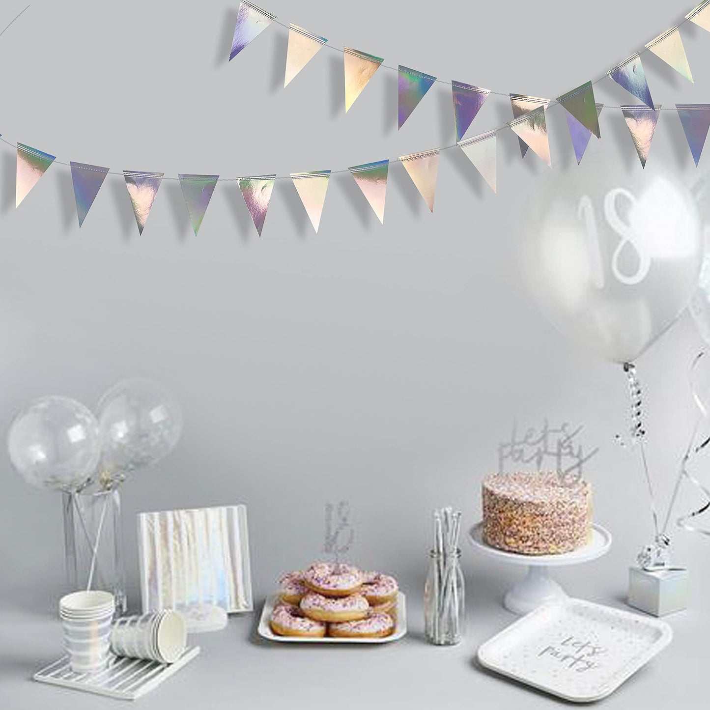40Ft Iridescent Party Decorations Holographic Hanging Triangle Pennant Banner Flag Bunting Garland for Graduation Birthday Anniversary Engagement Wedding Bridal Baby Shower Disco Hen Party Supplies