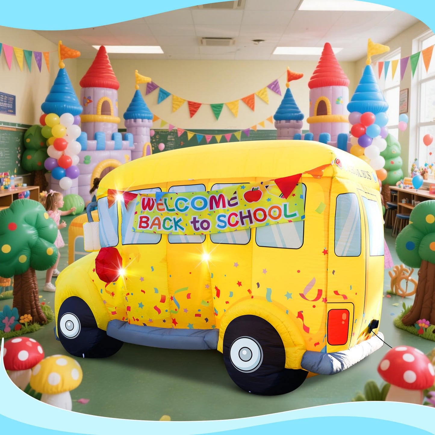 7.5 FT School Bus Inflatables Decorations Welcome Back to School Outdoor Decoration with 3 LED Lights and Banner First Day of School Party Lawn Yard Signs Decor for Kindergarten Preschool