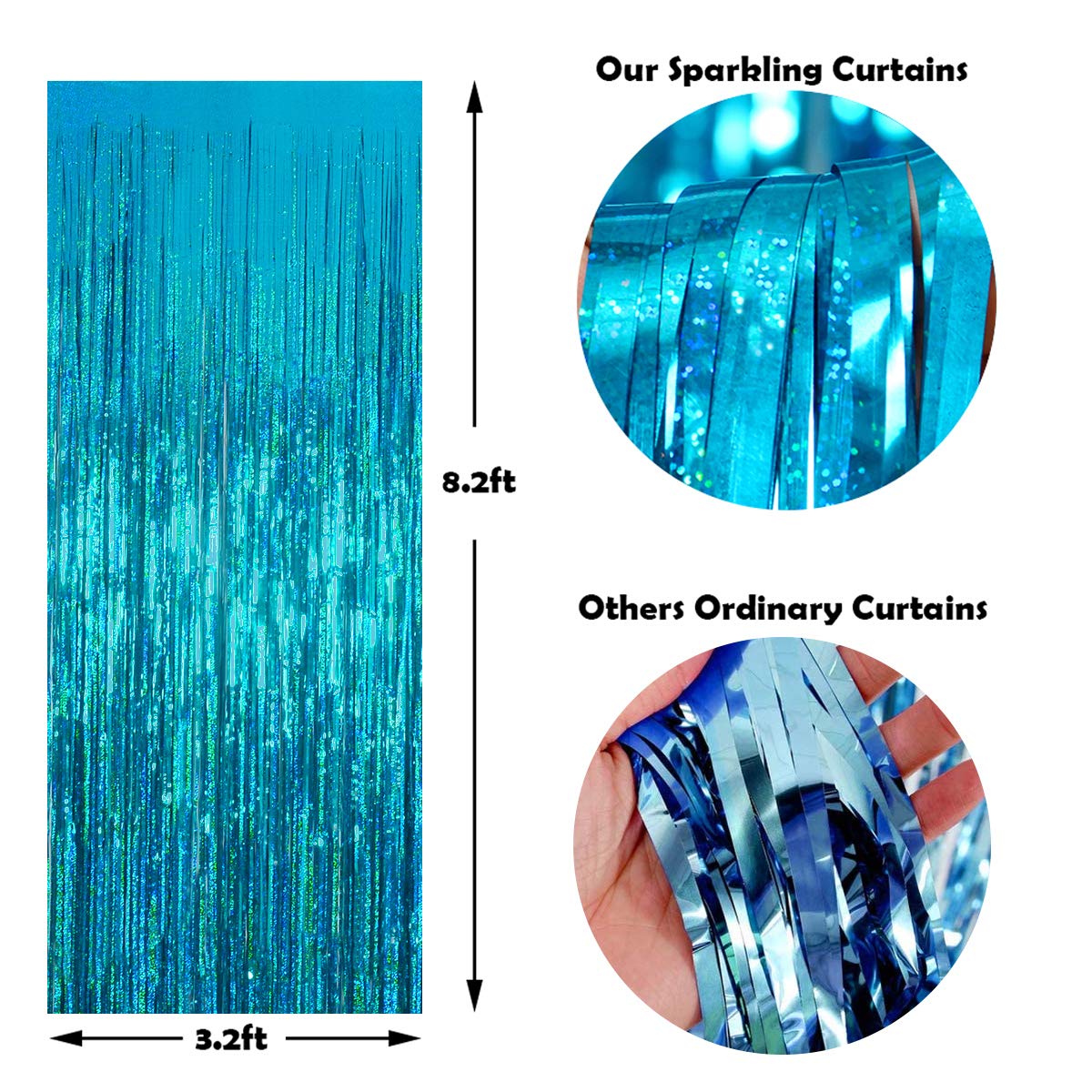 2 Pack 3.2 ft x 8.2 ft Teal Tinsel Foil Fringe Curtains Backdrop, Sparkle Metallic Foil Curtains for Frozen/Mermaid/Under Sea Birthday Party Decoration