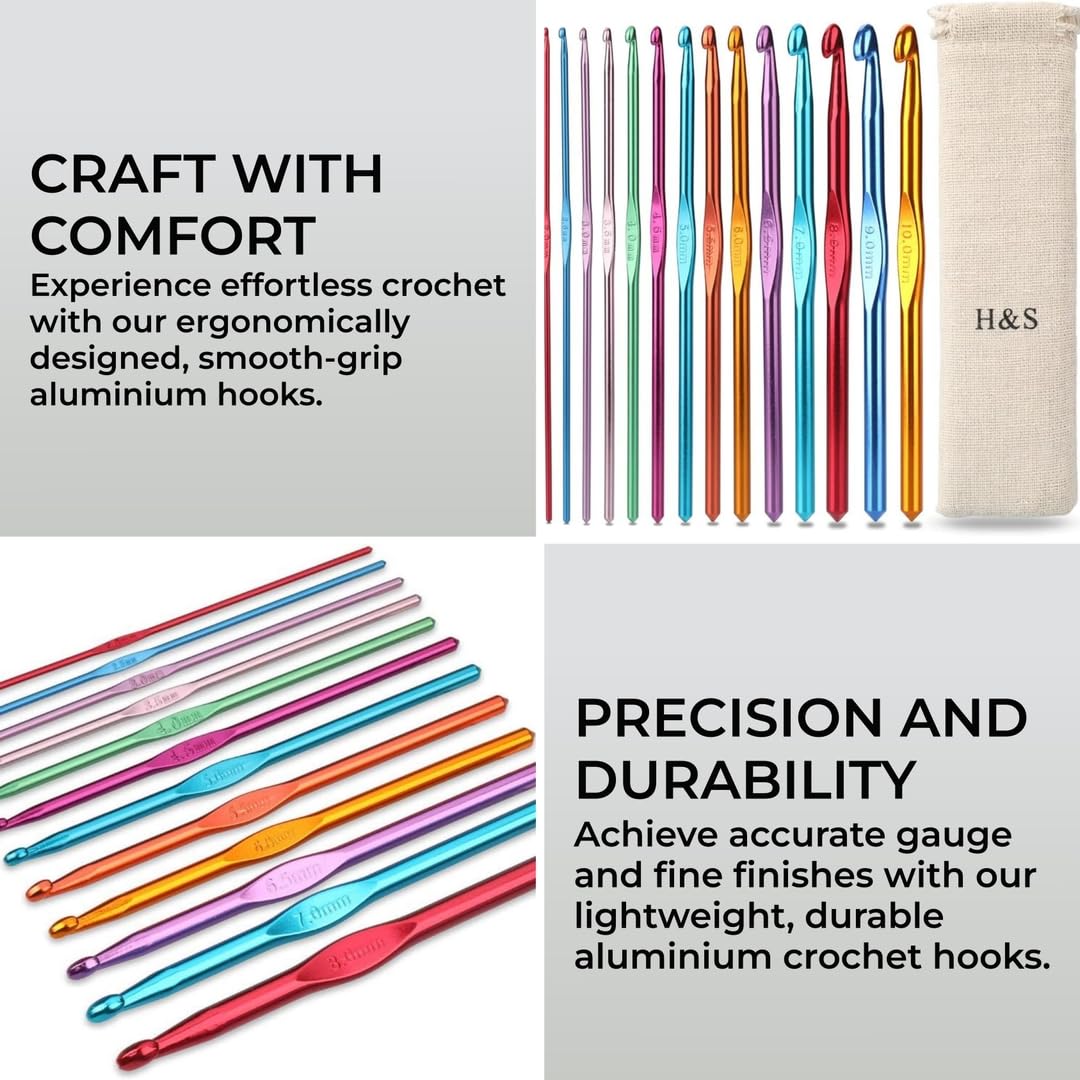 Crochet Hooks Set Aluminium 14pcs Needles with Pouch Case 2mm 2.5mm 3mm 3.5mm 4mm 4.5mm 5mm 5.5mm 6mm 6.5mm 7mm 8mm 9mm 10mm