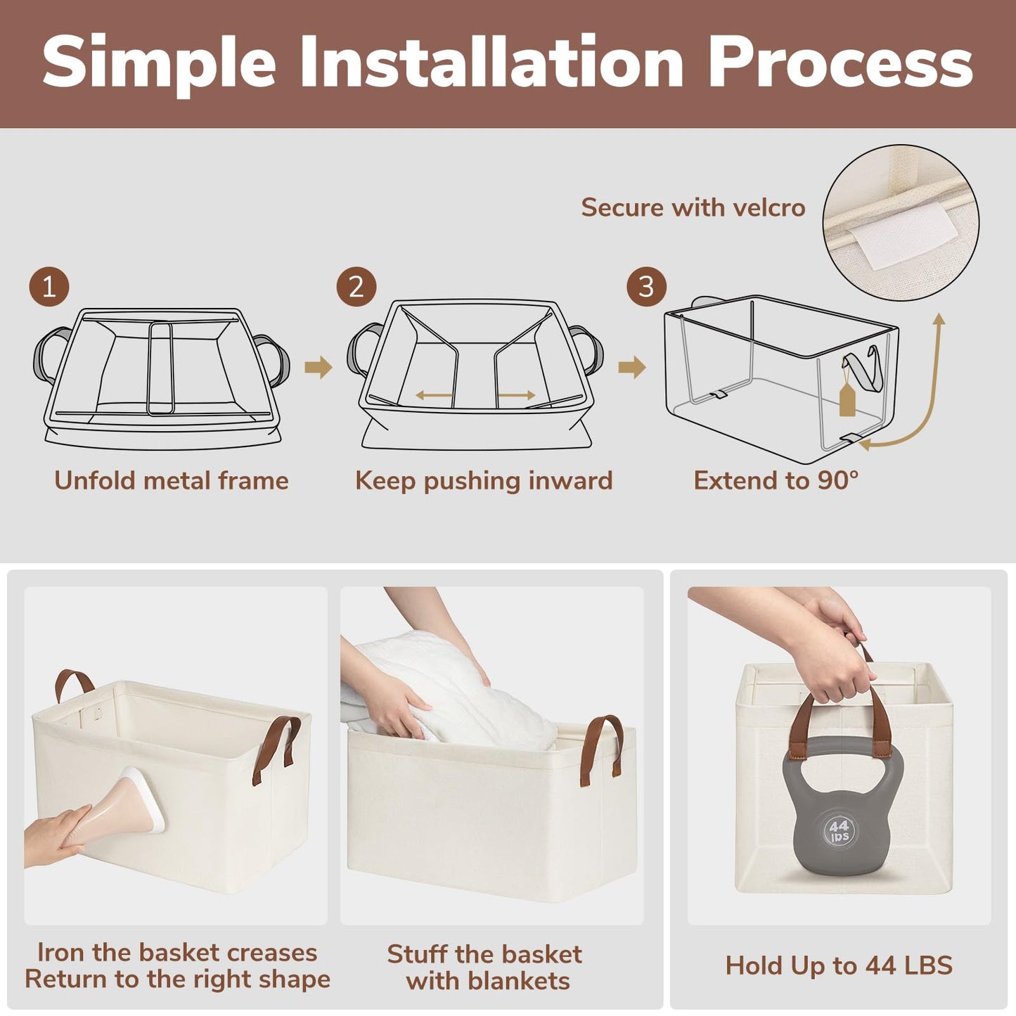 Storage Bins for Shelves, Closet Bins for Organization, Collapsible Storage Baskets for Towels, Rectangle Basket for Bedroom, 14 ¾" L x 10 ¼" W x 8 ¼" H, Beige, 2-Pack