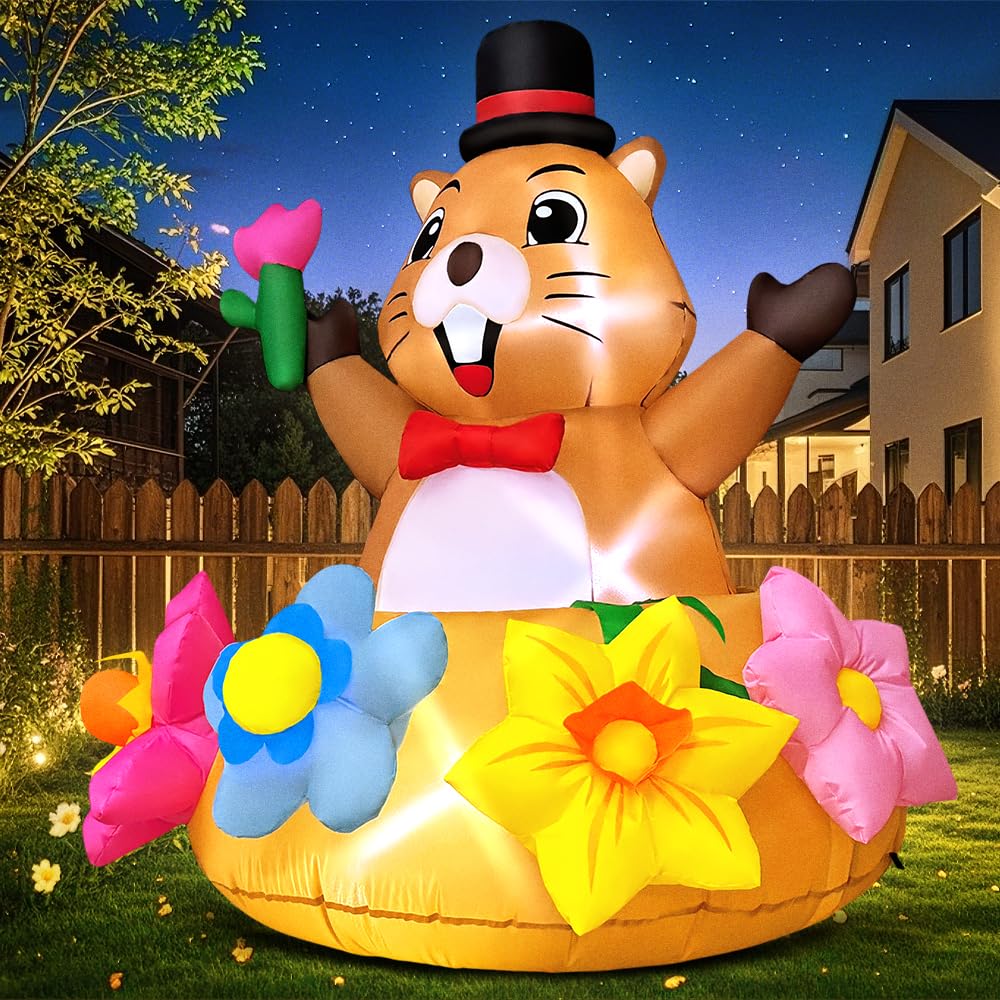 4 FT Spring Inflatable Marmot Outdoor Decoration Blow up Animal Decoration, Built-in LED Lights for Spring Easter Yard Garden Lawn Party