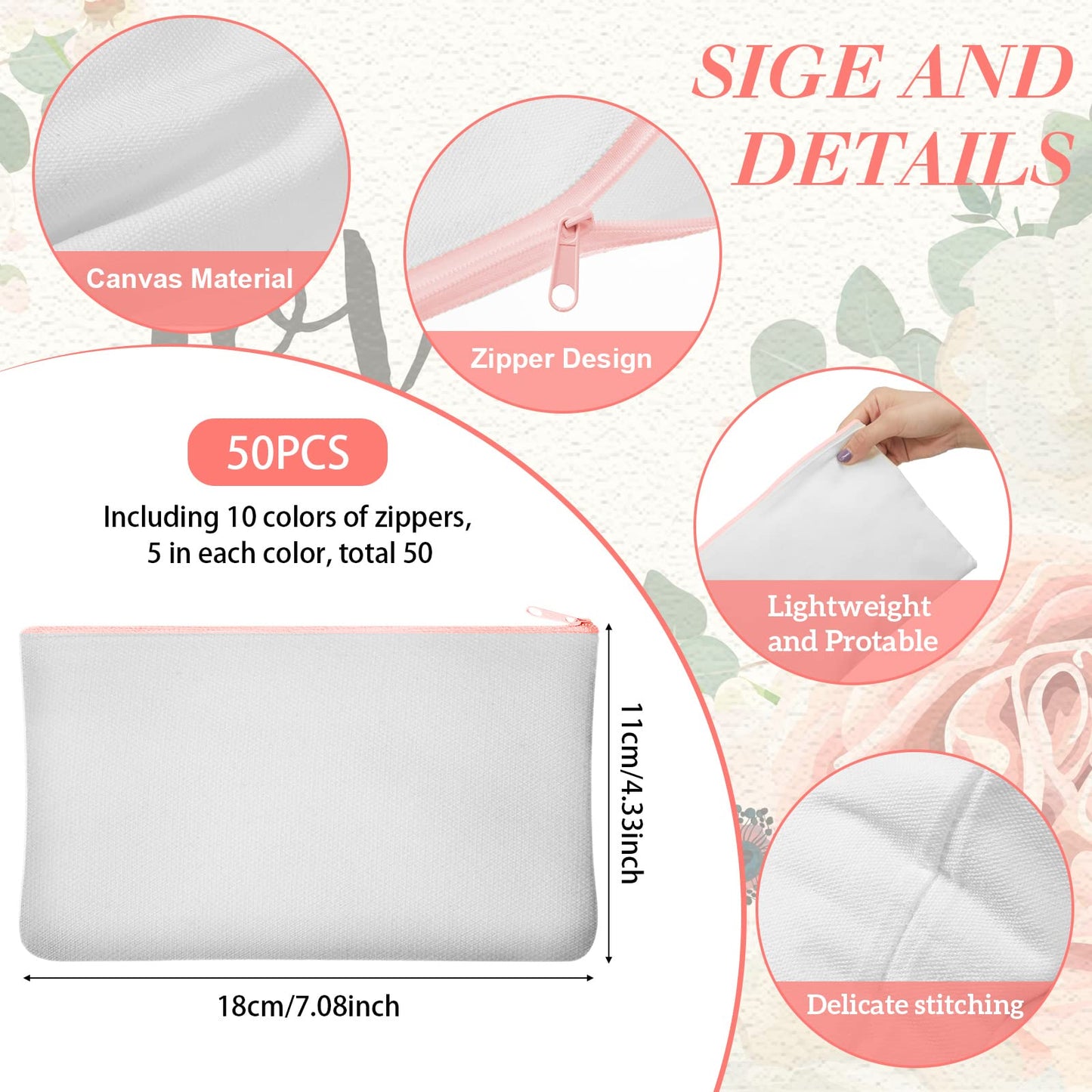 50 Pcs Sublimation Blank Canvas Makeup Bags Bulk DIY Heat Transfer Canvas Pen Case Pencil Cosmetic Makeup Bags Clear Sublimation Blank Pouch with Zipper (7 x 4.3 Inch,Mixed Colors)