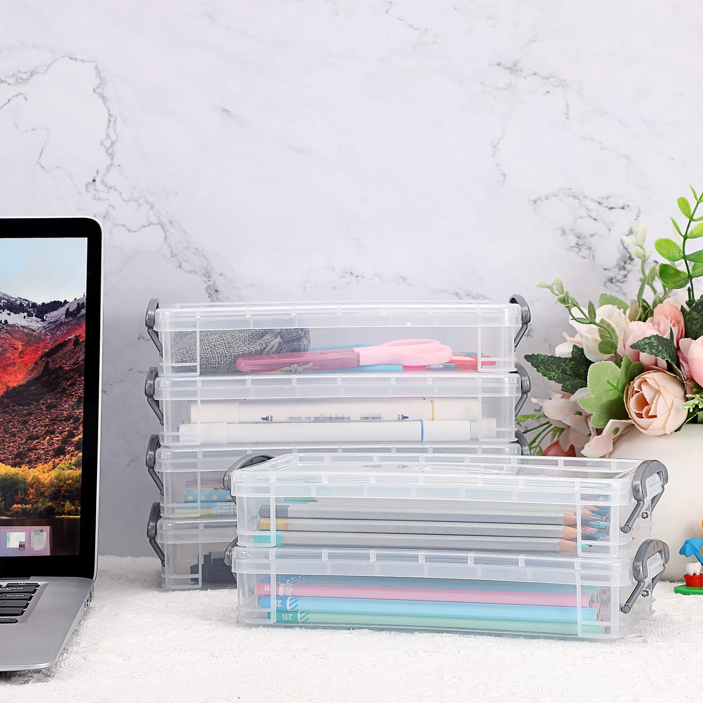 Large Capacity Pencil Box, Office Supplies Storage Organizer Box, Brush Painting Pencils Storage Box Watercolor Pen Container Drawing Tools(6 Pack Clear)