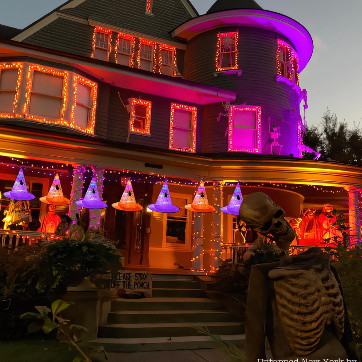 Halloween Decorations 8 Pcs Lighted Hanging Witch Hats, 14ft 56 LEDs Halloween Indoor Outdoor Remote Control String Lights, Battery Powered with 8 Lighting Modes for Garden, Yard, Tree