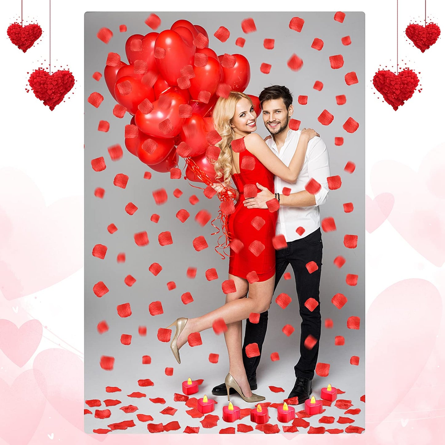 1000 Pieces Artificial Rose Petals with 24 Pcs Flameless Heart Shaped LED Tealights Candles Romantic Night Decorations for Wedding Anniversary Table Decor(Red)