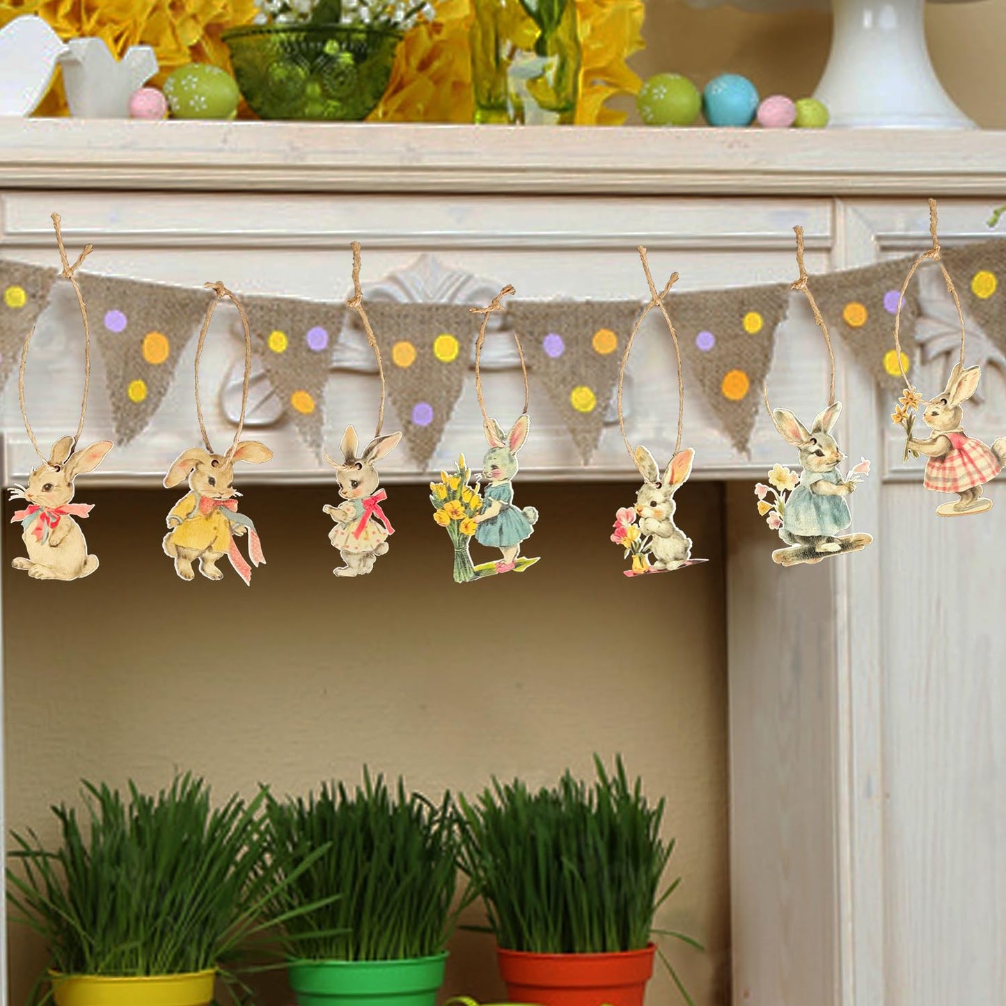 Vintage Easter Decoration Wooden Hanging Ornaments - 36Pcs Vintage Style Rabbits Bunny Wood Cutouts Rustic Farmhouse Spring Tree Decor Home Easter Party Supplies