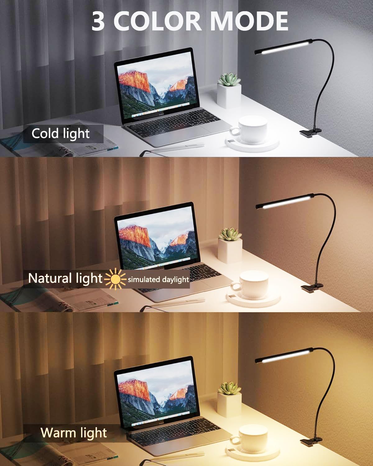 LED Desk Lamp with Clamp - Adjustable 3 Color Modes 10 Brightness Level Table Lamp, USB Eye Caring Flexible Gooseneck Desk Light for Home Office, Dorm Room, Reading, Nail, Clip On Light, Black