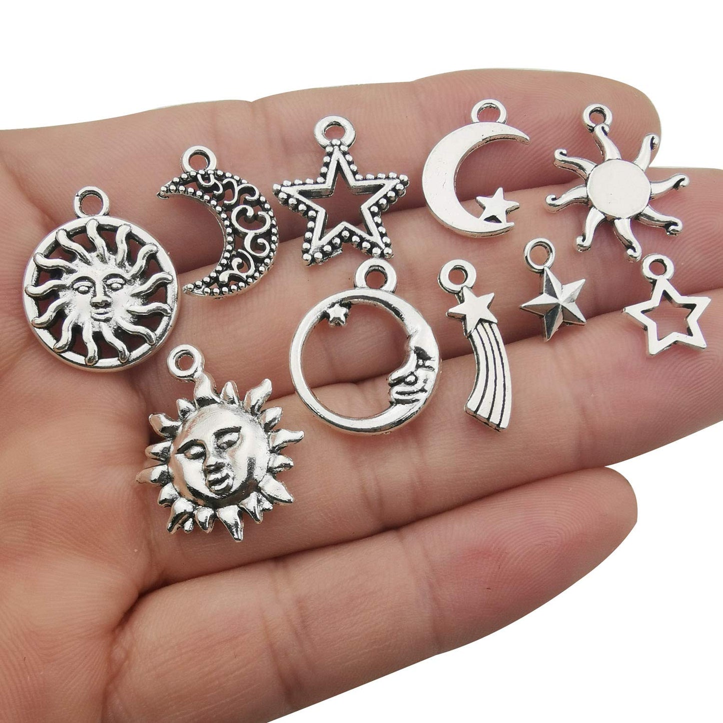 100g(80pcs) Craft Supplies Mixed Antique Silver Sun Moon Stars Charms Pendants for Crafting, Jewelry Findings Making Accessory for DIY Necklace Bracelet (M250)