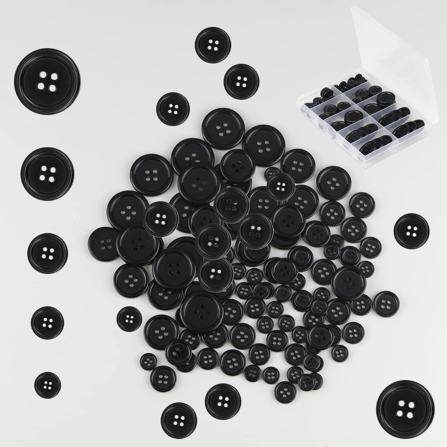 100 Pcs Black Resin Sewing Buttons, 4-Hole Craft Suit Coat Shirt Buttons, 5 Sizes, Round Mixed, with Compartment Storage Box, Suitable for Sewing, DIY and Holiday Decoration