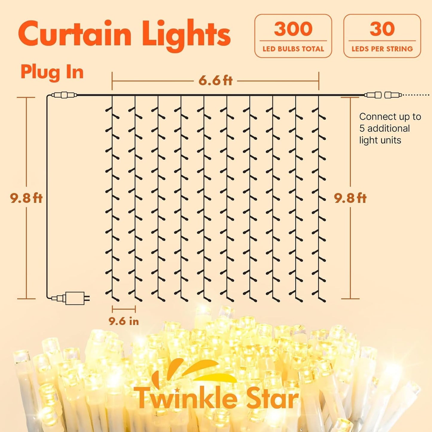 300 LED Window Curtain String Light Wedding Party Home Garden Bedroom Outdoor Indoor Wall Decorations, Warm White