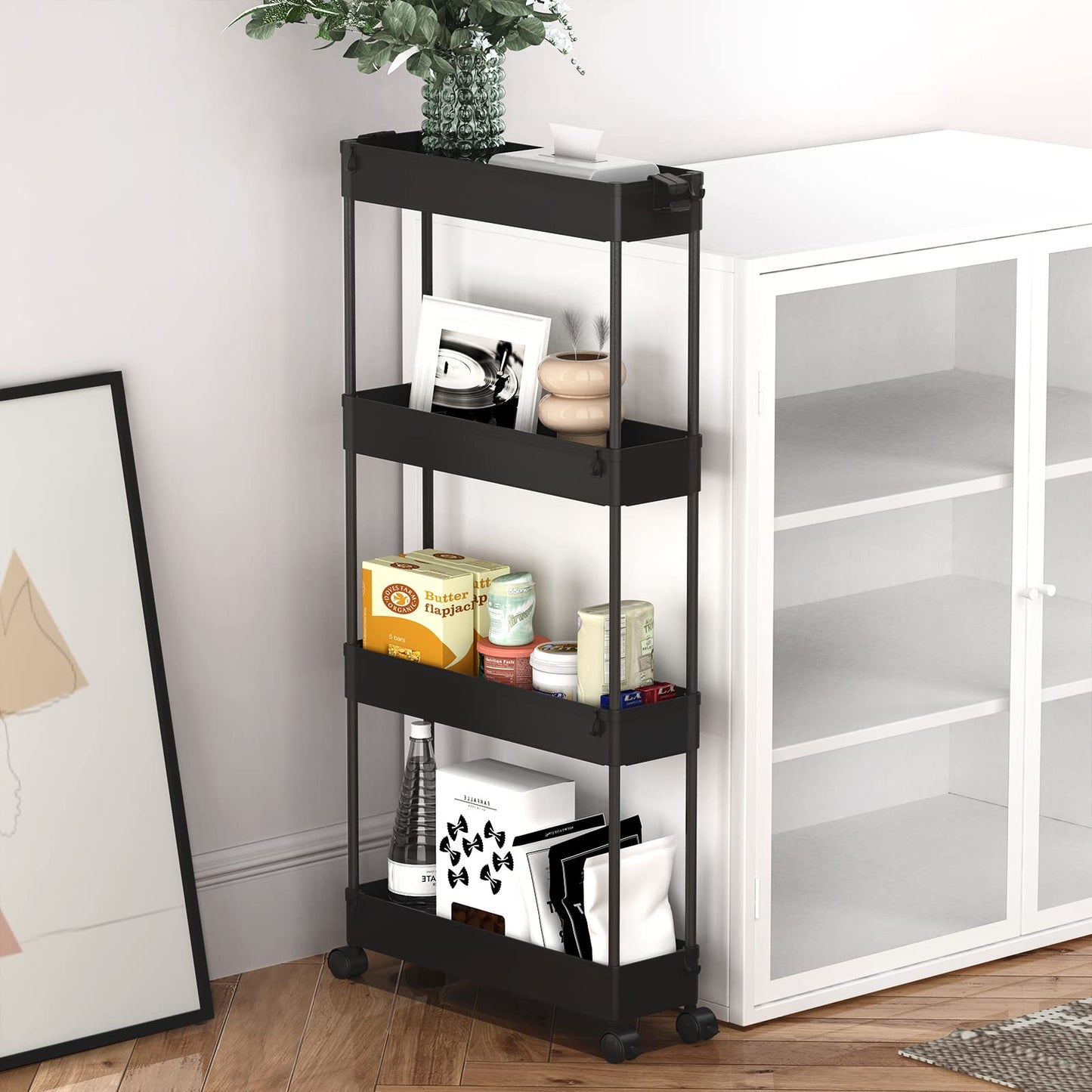 Slim Storage Cart 4 Tier,Bathroom Organizer Rolling Utility,Mobile Shelving Unit Slide Out for Office, Kitchen, Laundry Room & Narrow Places,Black