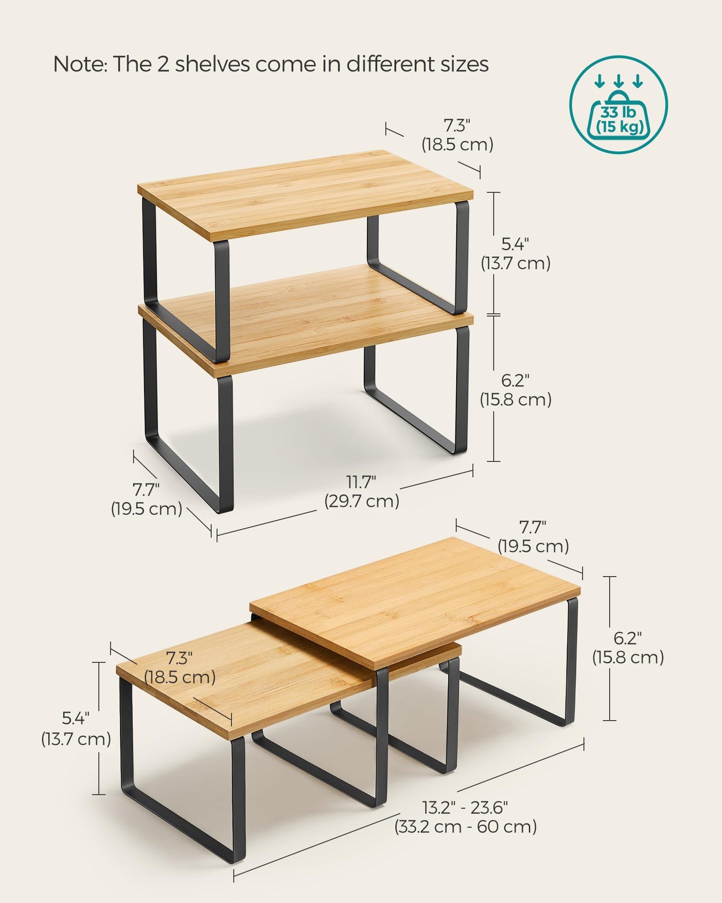 Cabinet Organizer Shelf, Set of 2 Kitchen Counter Shelves, Kitchen Storage, Spice Rack, Stackable, Expandable, Metal and Engineered Wood, Ink Black and Natural Beige UKCS02NB
