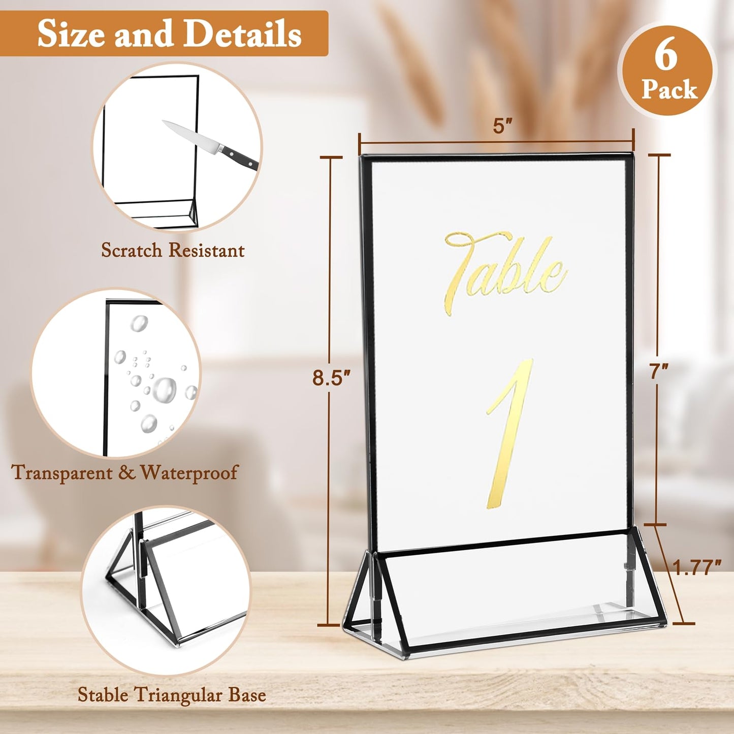 6 Pack 5x7 Inch Clear Acrylic Sign Holders, Double-Sided Black Display Stand Picture Frames for Table Numbers, Menus, Flyers, Weddings, and Offices