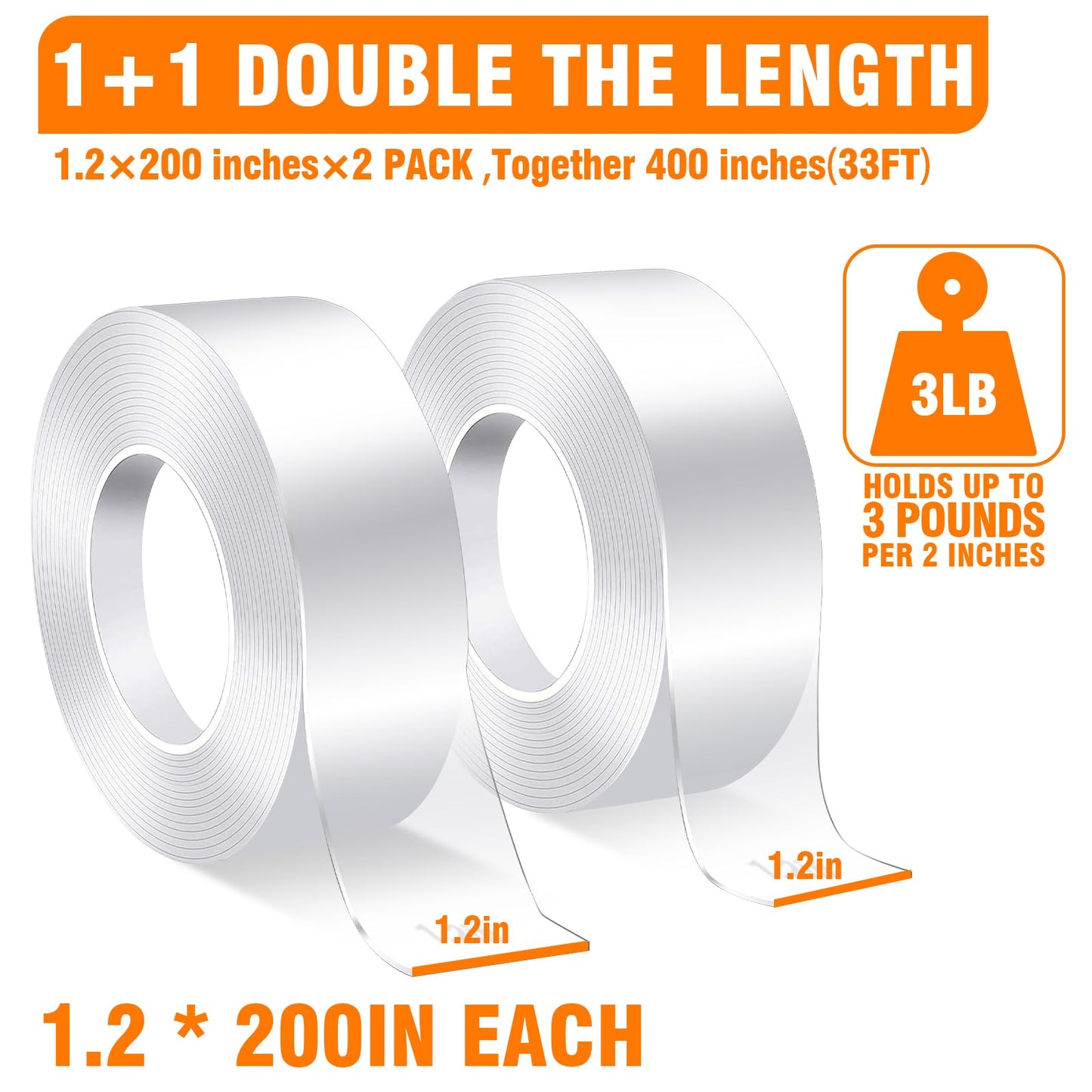 Double Sided Tape Heavy Duty 2 Pack, 1.2 Inch x 400 Inch ,Extra Large Nano Double Sided Adhesive Tape for Walls, Carpets, and Posters - Removable Reusable, Washable(33.3FT)