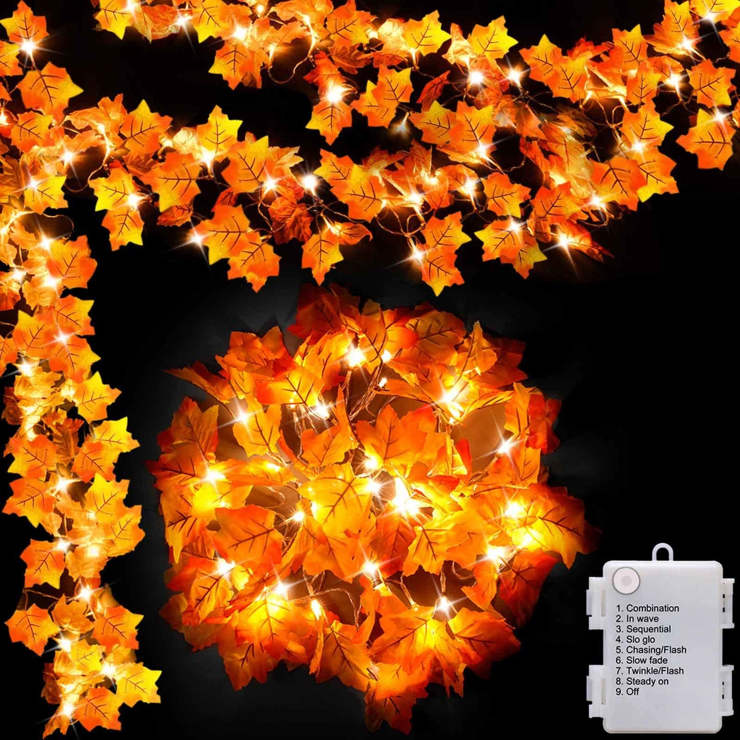 8 Lighting Modes & Timer Fall Decorations for Home Maple Leaf Garland with Lights 40LED Battery Operated Waterproof String Lights, Thanksgiving Halloween Fall Decor Indoor Outdoor Autumn