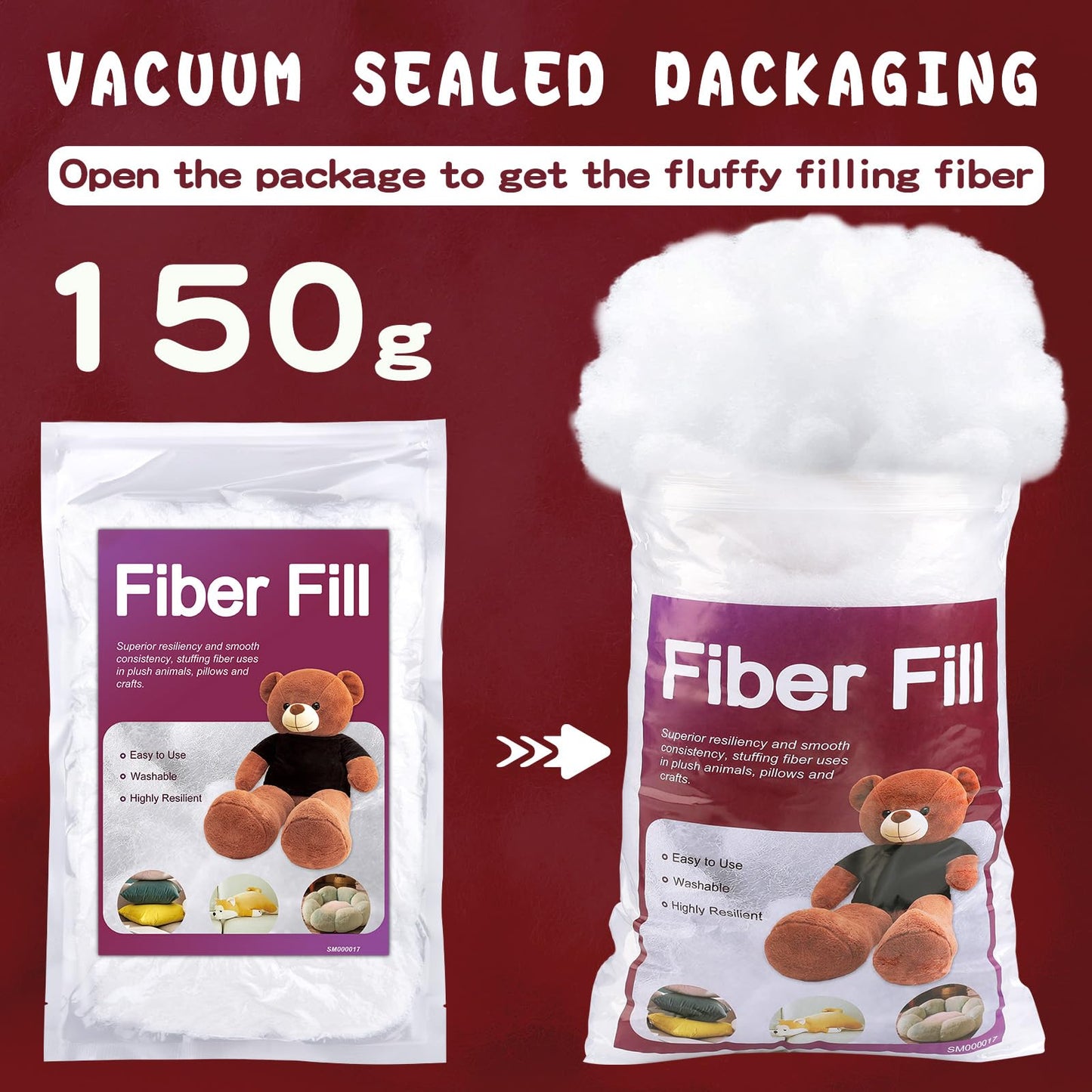 5.29oz/150g Polyfill Stuffing Fiber Fill, White Premium Fiberfill Stuffing for Craft, High Resilience Crochet Stuffing, Stuffing for Stuffed Animals, Cotton Batting, Recyclable