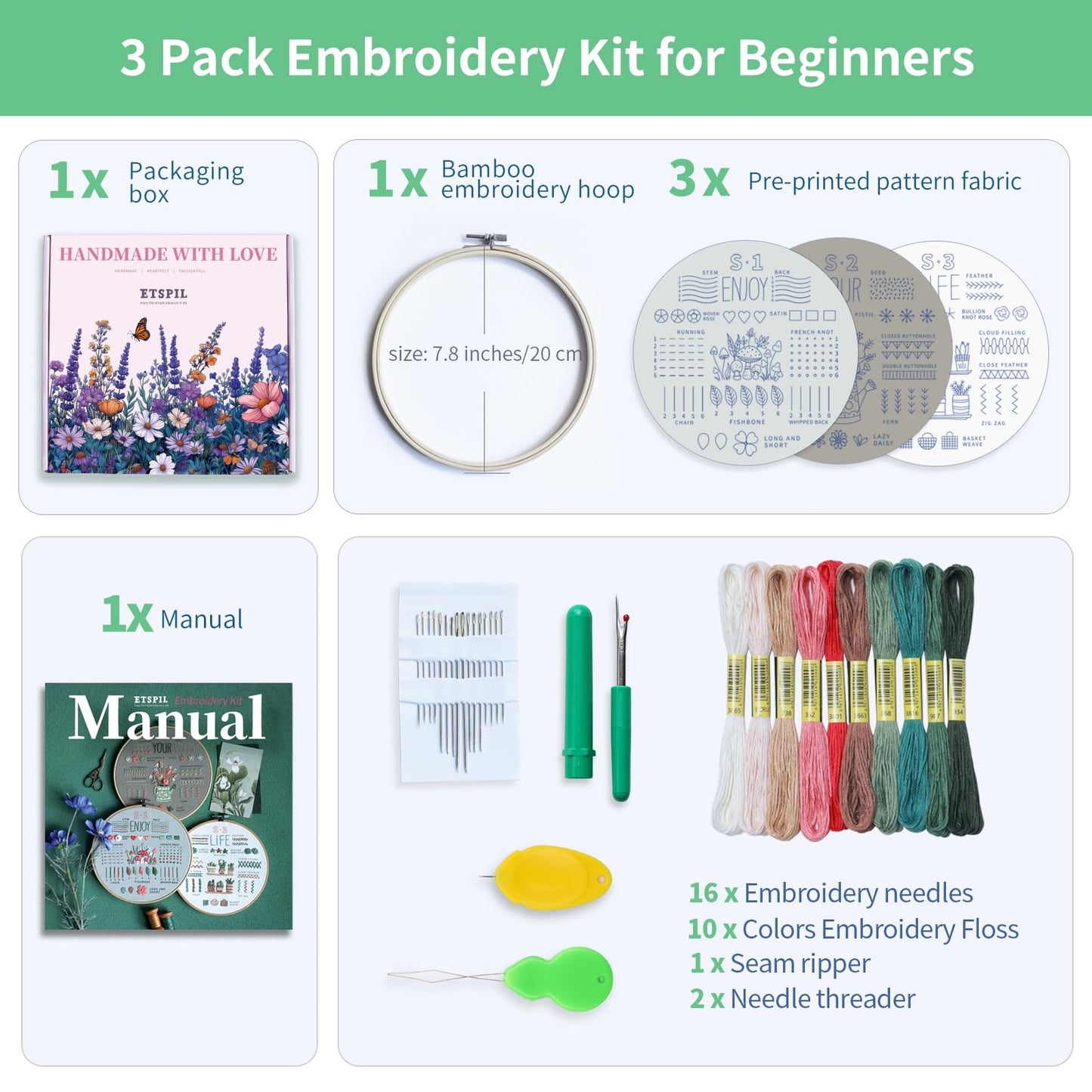 Embroidery Kit for Adult Beginners, 3-Pack 33-Stitch Practice Samplers, Pre-Stamped Patterns, 7.8 Inch Hoop, Threads and Needles, Step-by-Step Guide with Video