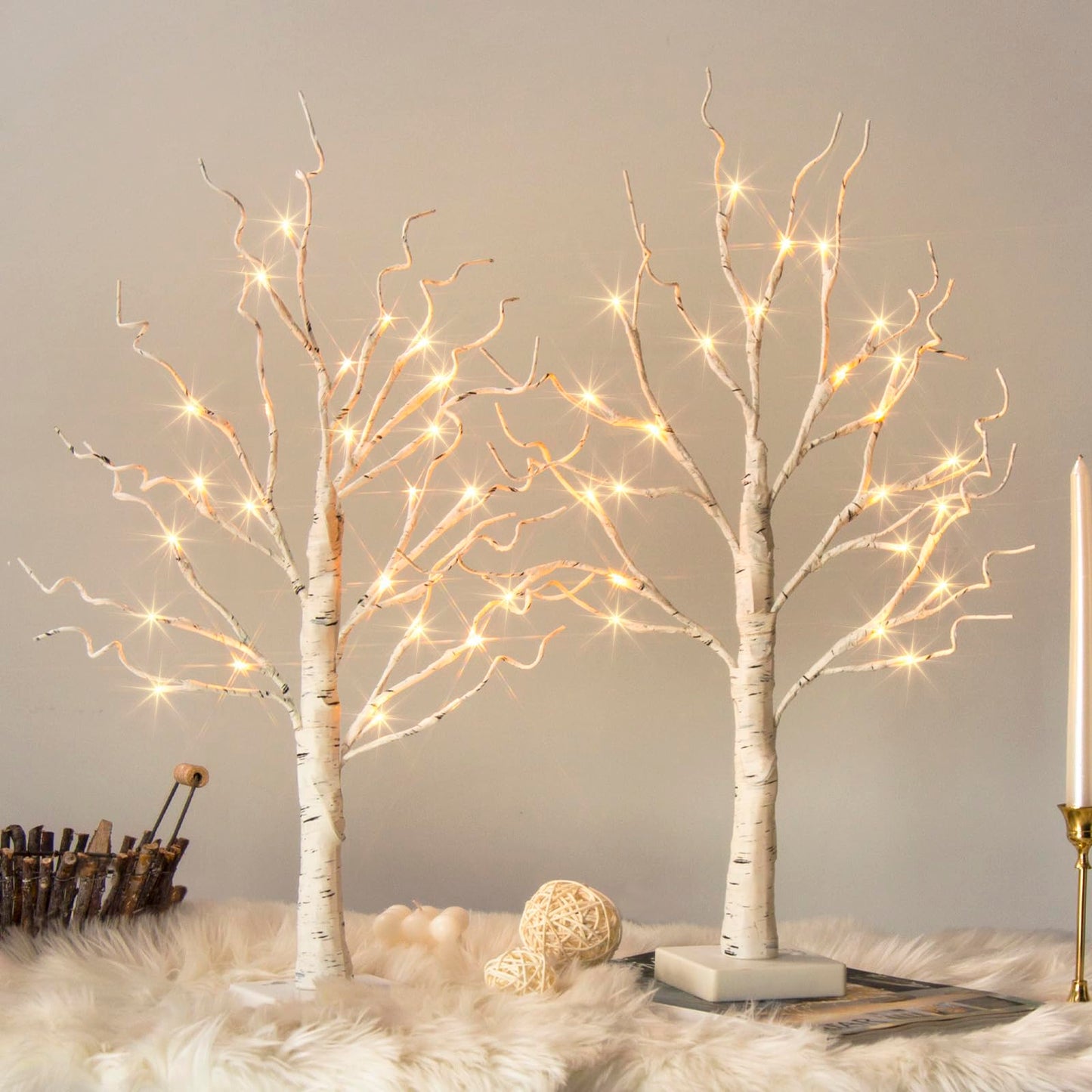 White Birch Tree with LED Lights - Set of 2, Tabletop Tree with Timer, Christmas Decorations Lighted Tree for Indoor Mantel Home Decor (2 FT, 24 LED)