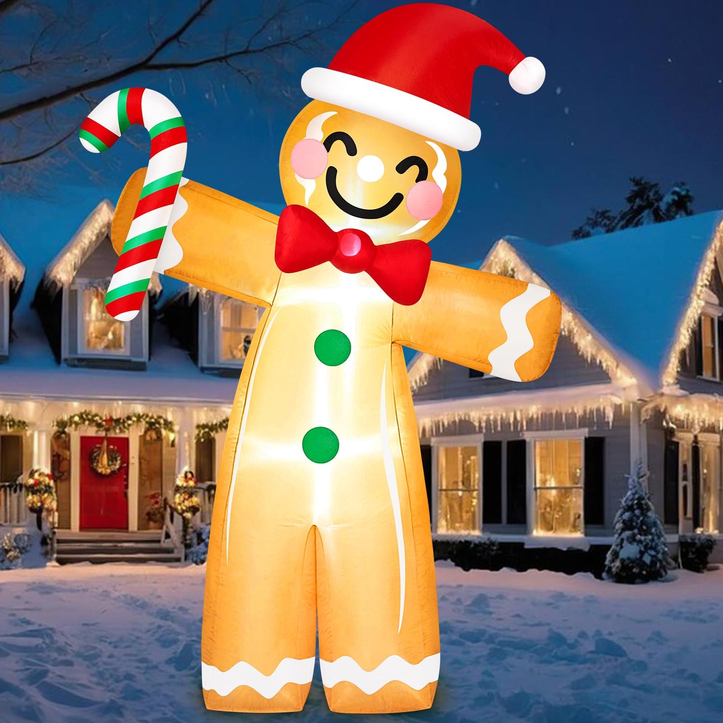 8 FT Gingerbread Man Christmas Inflatable Outdoor Decoration with Candy Cane Built-in LED Lights Inflatable Gingerbread Man Blow Up Yard Decorations for Xmas Party Holiday Indoor Lawn Garden