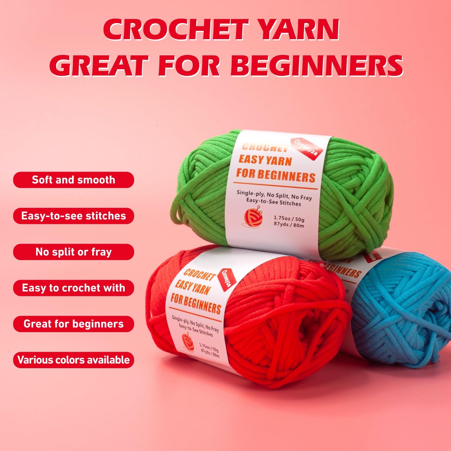 Beginners Crochet Yarn for Crocheting, Cotton Yarn for Crochet, 3 Pack×1.8 oz Amigurumi Yarn with Easy-to-See Stitches, Thick & Soft, Worsted Medium # 4 Yarn, Cotton-Nylon Blend-Orange/Green/Blue