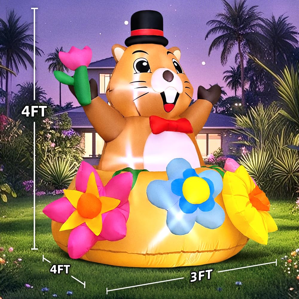 4 FT Spring Inflatable Marmot Outdoor Decoration Blow up Animal Decoration, Built-in LED Lights for Spring Easter Yard Garden Lawn Party