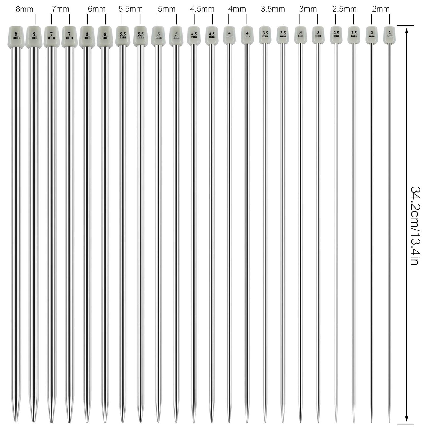 22 Pcs Knitting Needles Set, 14 Inches Stainless Steel Straight Single Pointed Knitting Needle Kit Metal Knitting Kit in Different Sizes 2.0mm to 8.0mm, with Gift Organizer Bag, 11 Pairs