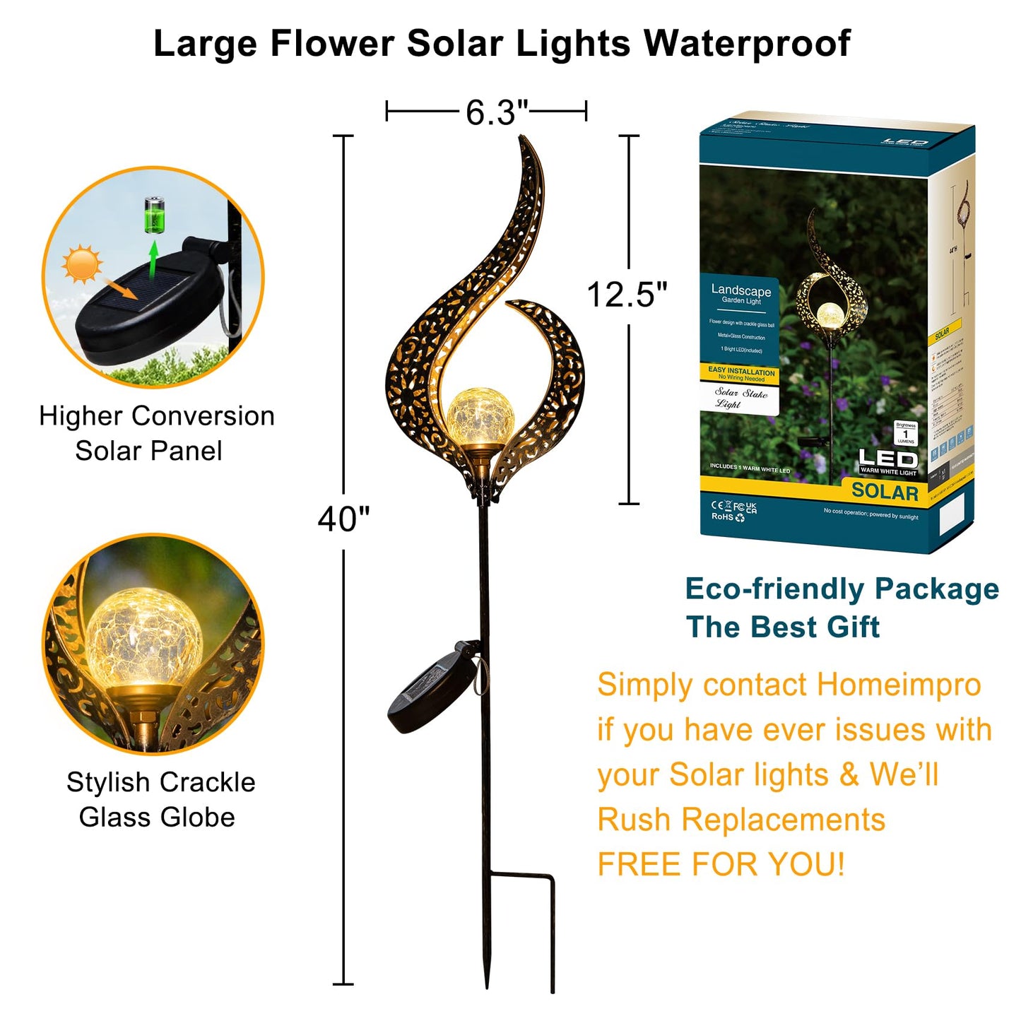 Outdoor Garden Solar Lights Stake, Mothers Day Gifts Mom,Crackle Glass Metal Flower Waterproof LED Fairy Lights for Pathway,Lawn,Patio or Courtyard,Gardening Gifts Women (Bronze)