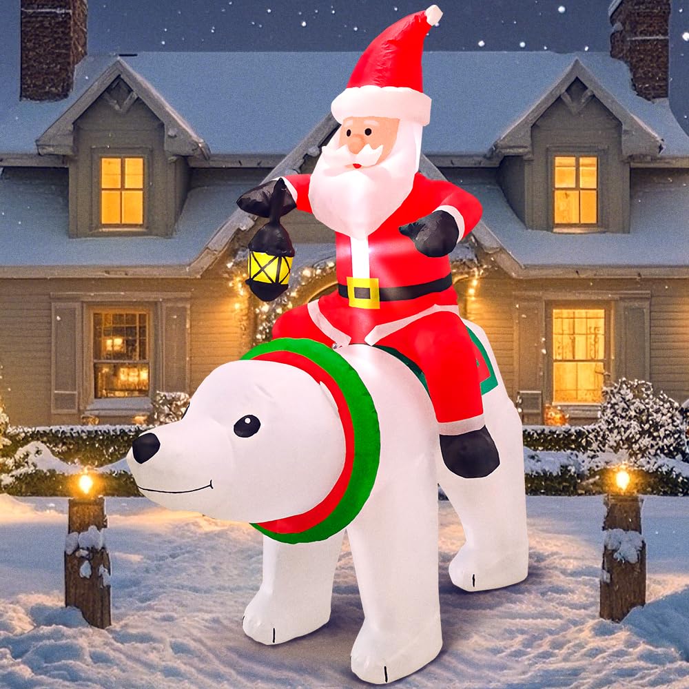 6 FT Christmas Inflatable Santa Claus with Polar Bear Build-in LED Lights Blow up Xmas Inflatables Decoration for Yard Garden Lawn Holiday Party