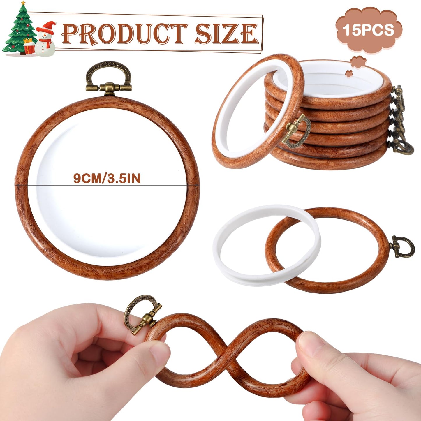 15 Pcs 3 Inch Spring Round Embroidery Hoops Frame Circle Rubber Hoops Ring Display Cross Stitch Ornament Imitated Wood Frame Kits for Mothers's Day Craft Sewing DIY Hanging Gifts