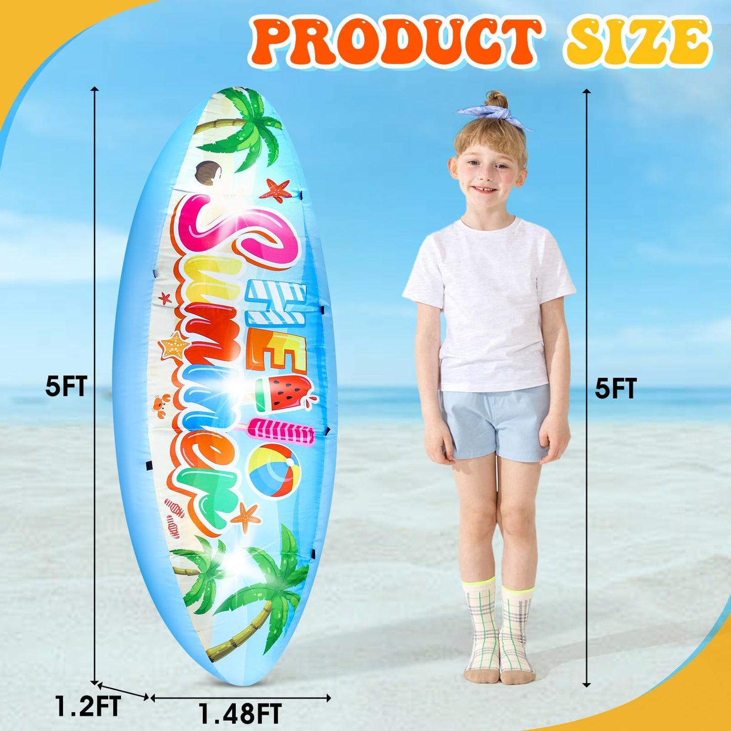 5 FT Hello Summer Surfboard Inflatable, Outdoor Blow Up Yard Decoration with Built-in 3 LED Lights, Summer Luau Party Decorations for Pool Holiday Garden Lawn Patio Tropical Beach
