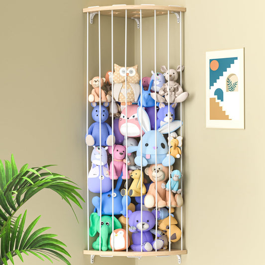 Stuffed Animal Storage Wood Corner Plush Toys Holder with Star Pattern, Length Adjustable Hanging Stuffed Animal Toy Organizer Shelf for Nursery Play Room Bedroom Kid Room