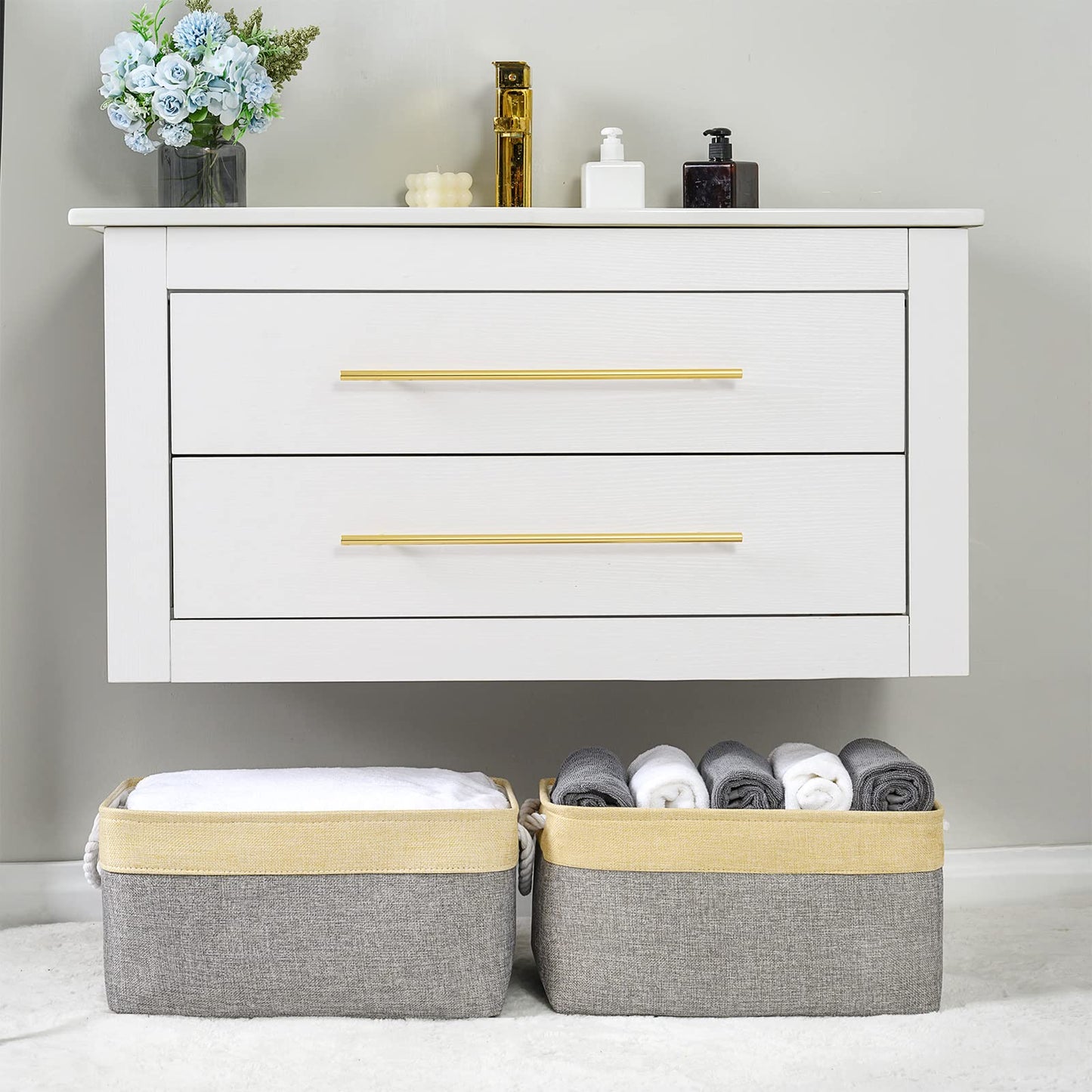 Storage Basket - 15.7L×11.8W×8.3H 1 Pack Large Baskets for Organizing Shelves, Storage Bins for Clothes Book Shelf Home Fabric Storage Cubes (Gold and Grey)
