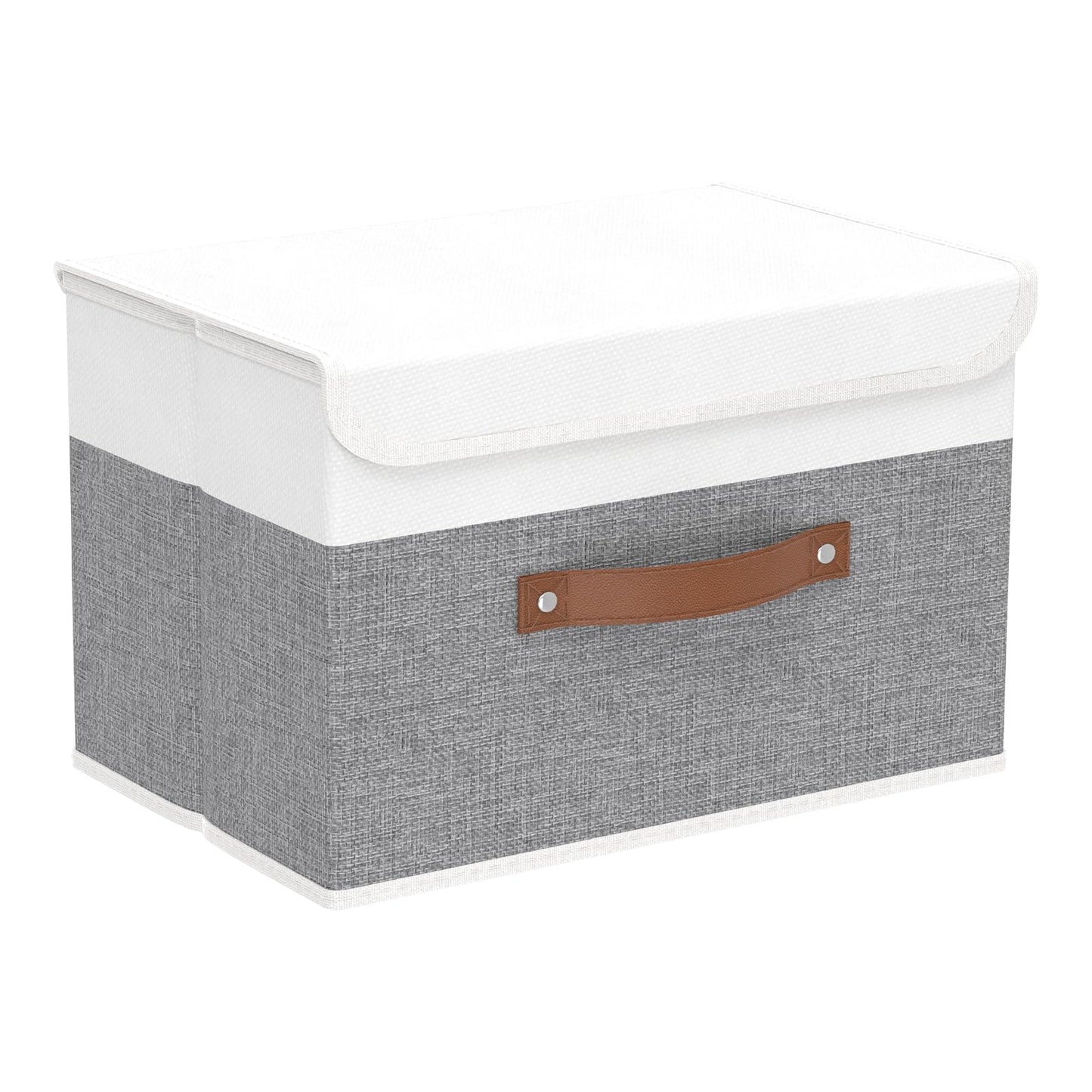 Storage Boxes with Lids, Linen Fabric Bin, Cube Organizer Basket, Washable and Leather Handle, for Home, Closet, White/Grey, 15.0''Lx9.8''Wx9.8''H, 1-Pack, USNK024WGL-1
