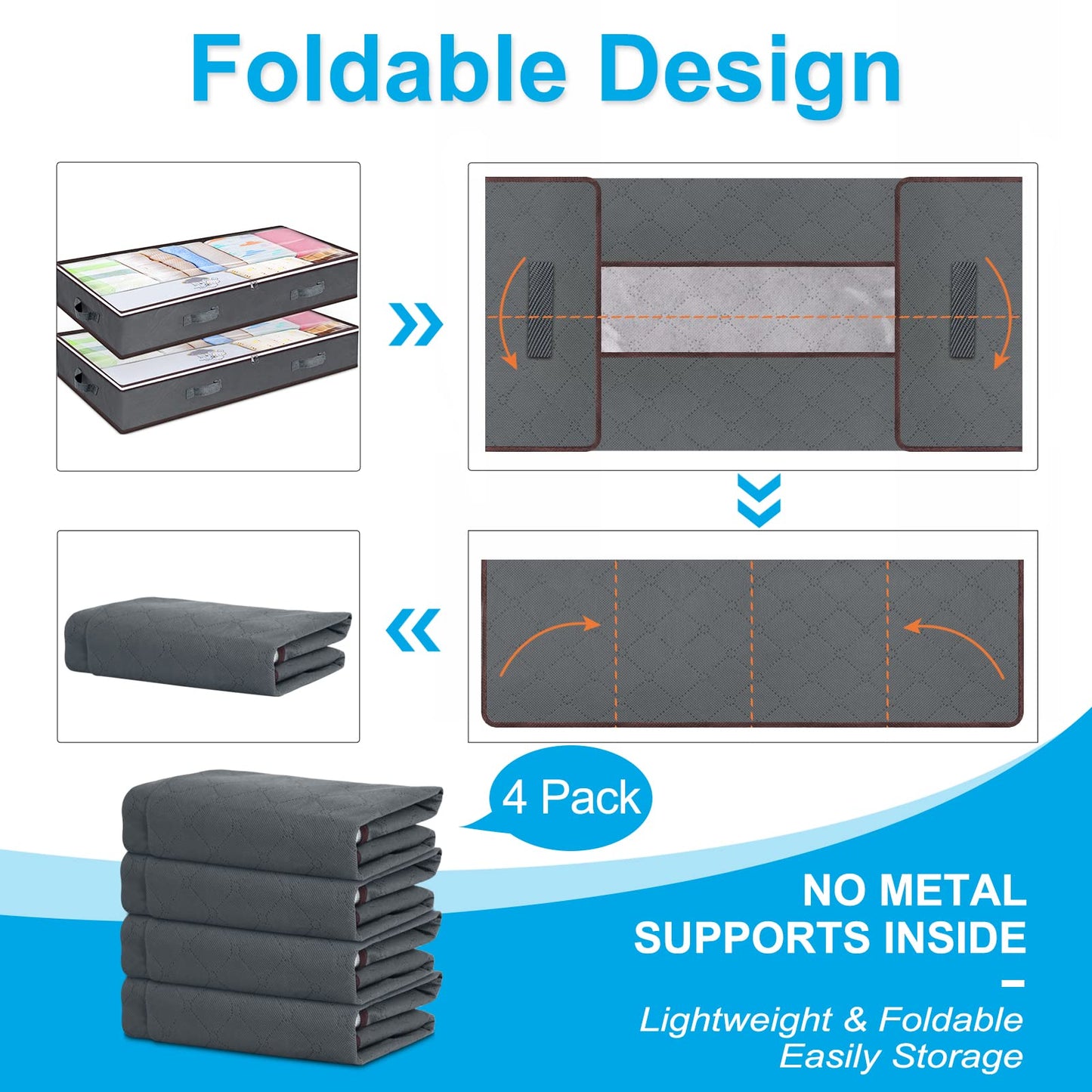 90L Under Bed Storage Containers, Closet Organizers and Storage Bins, Foldable Underbed Storage Bags for Blanket, Clothing, Comforter, Sweaters, Pillows, Linen Sheets, Wrapping Paper, Grey