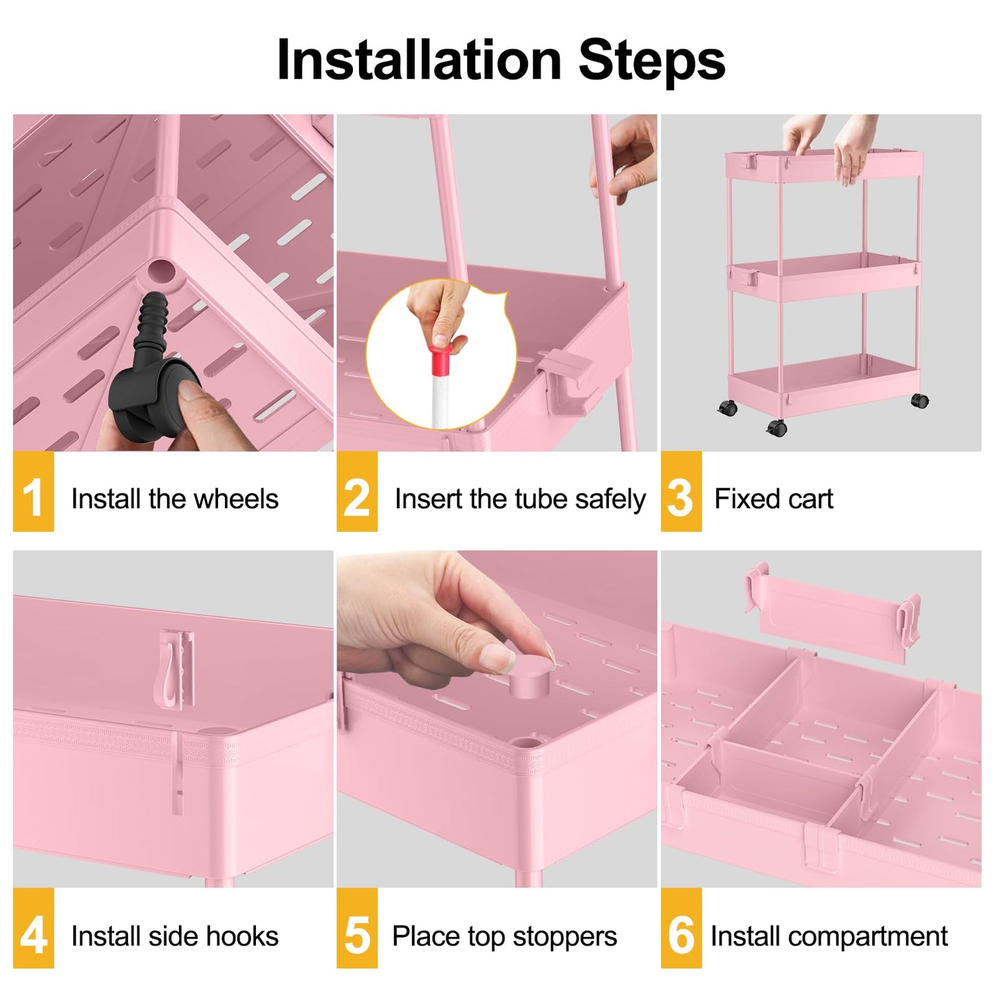 3 Tier Rolling Cart with Wheels, Storage Craft Art Trolley Organizer Serving, 3 Hanging Baskets Easy Assembly, for Office, Living Room, Kitchen, Pink