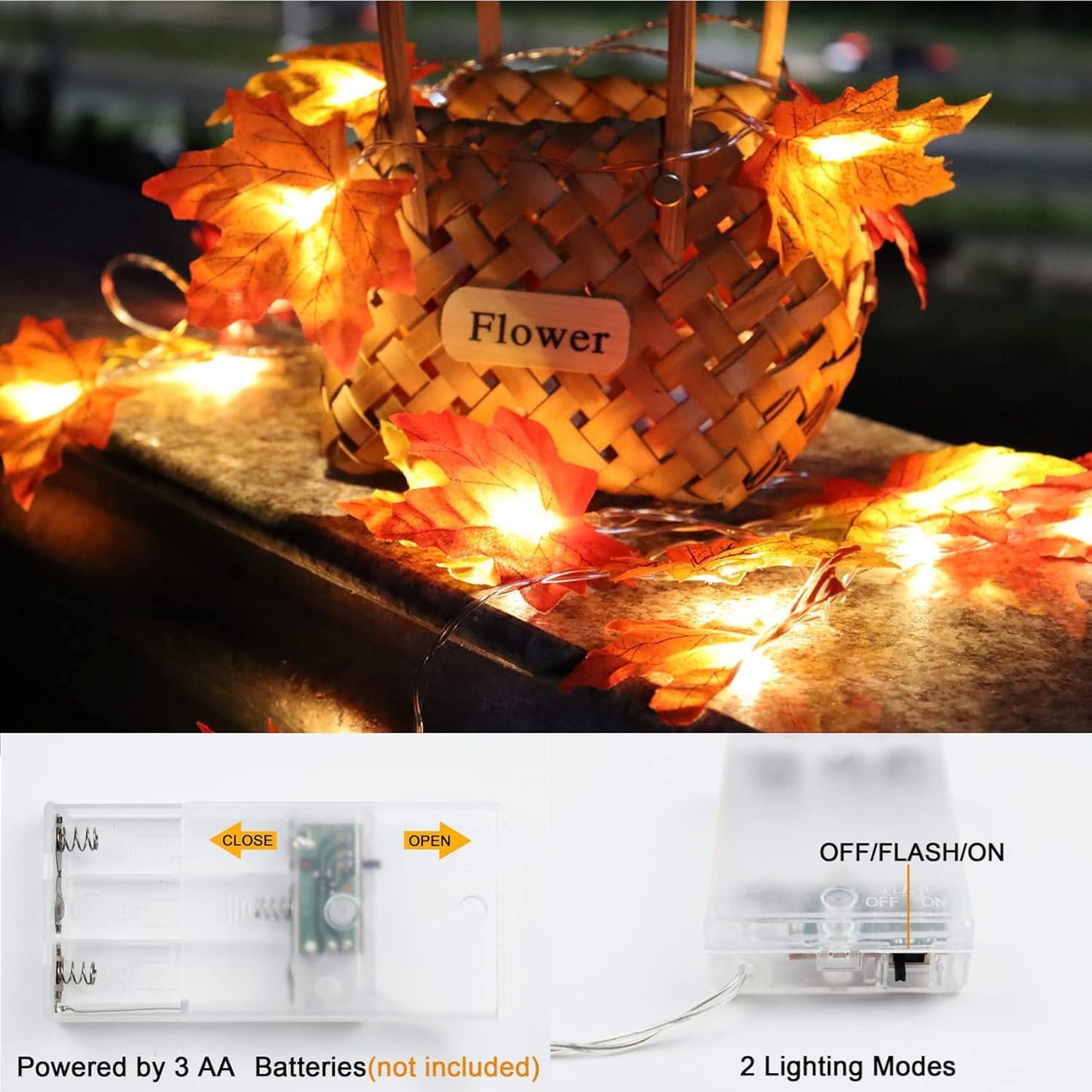 4 Pack Fall Decorations Maple Leaf Lights Garland, Total 40Ft 80LED Lights Battery Operated Fall Leaves Garland with Light Autumn Harvest Light String Home Indoor Outdoor Thanksgiving Decor