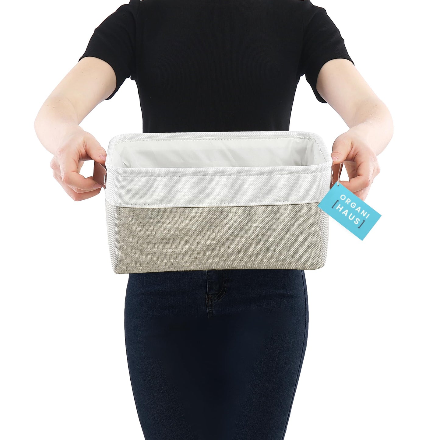 Small Fabric Storage Baskets for Shelves 3 Pack, 12x8in Closet Storage Bins for Shelves, Cloth Baskets for Organizing, Linen Closet Organizers, Fabric Basket, Beige/White