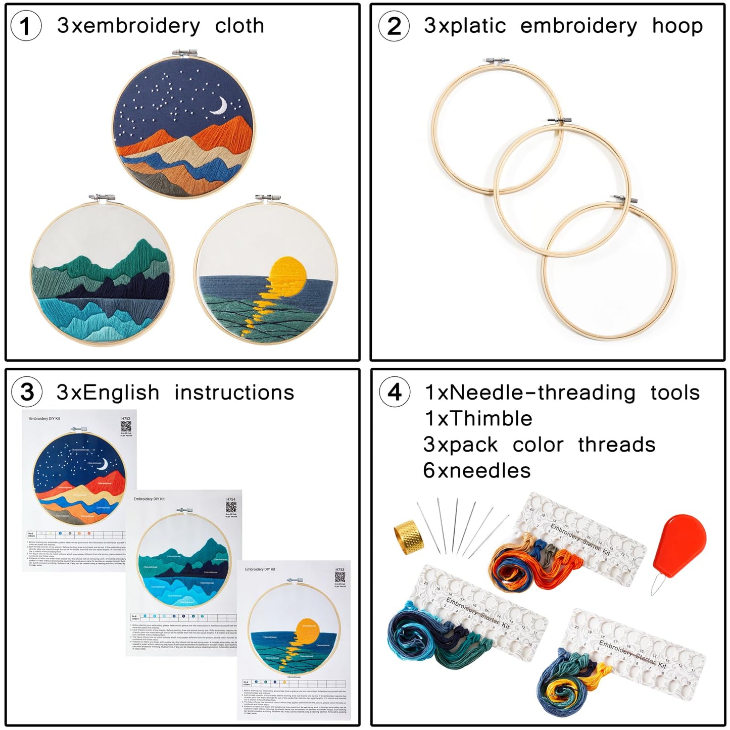 Embroidery Kits for Beginners Adults, Stamped Cross Stitch kits for Adult Beginners Embroidery Starter Kit with Pattern, 3 Embroidery Hoop and Fabric, Needles Threads (Attached Teaching Video QR Code)