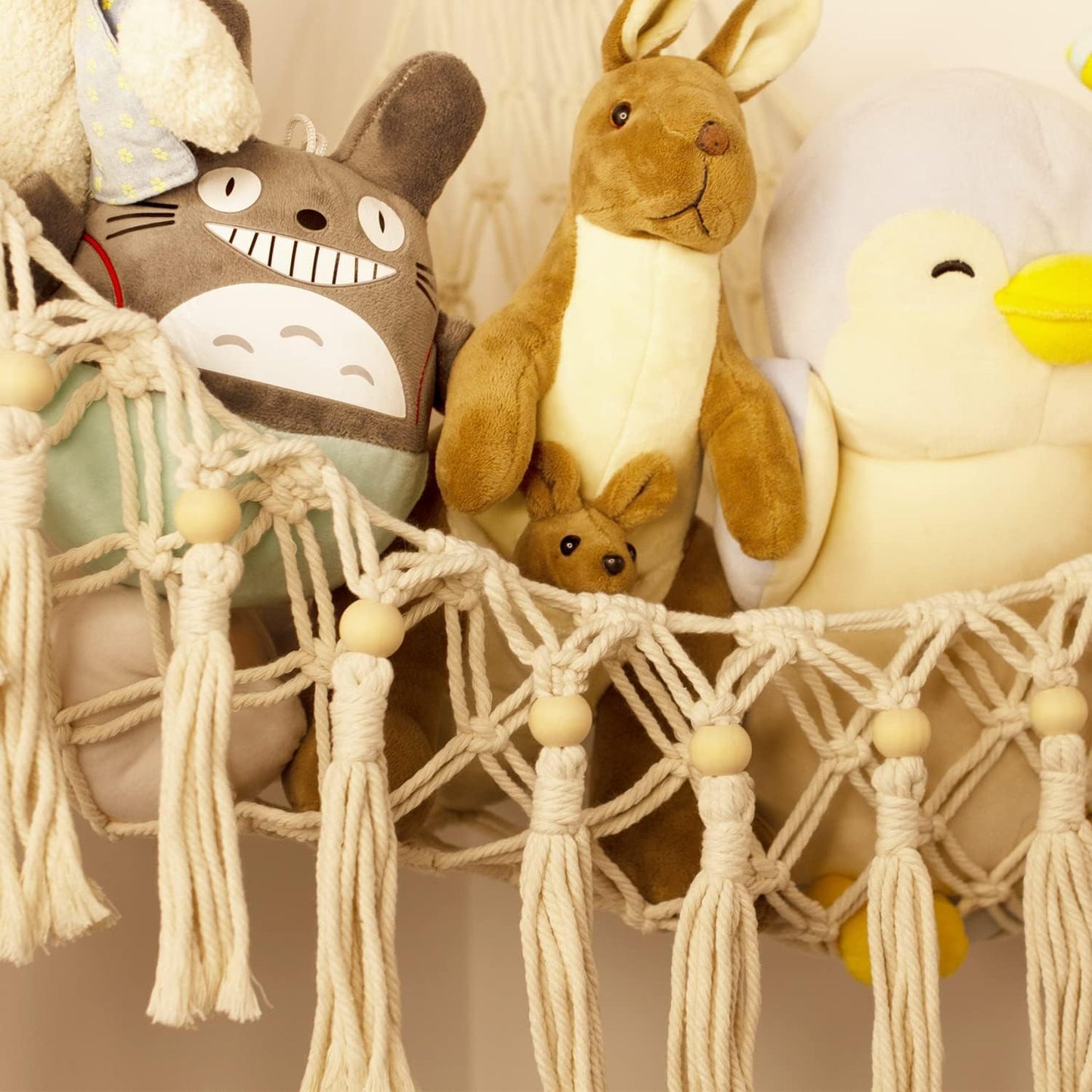 Stuffed Animal Toy Storage Hammock with LED Light - Macrame Jumbo Doll Corner Stuff Animals Organizer Decorations - Cute Hanging Plushie Net Kids Baby Nursery Bedroom Room Decor