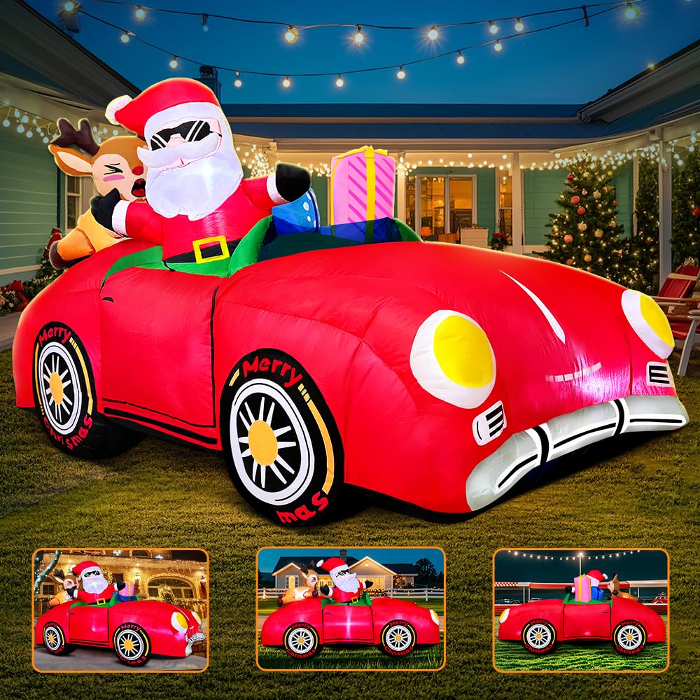 6.5 FT Christmas Inflatables Red Car Santa Claus and Reindeer Drive Truck Blow Up Giant Yard Decoration Bright LED Lights for Garden Yard Lawn Outdoor Indoor Holiday Xmas Gifts